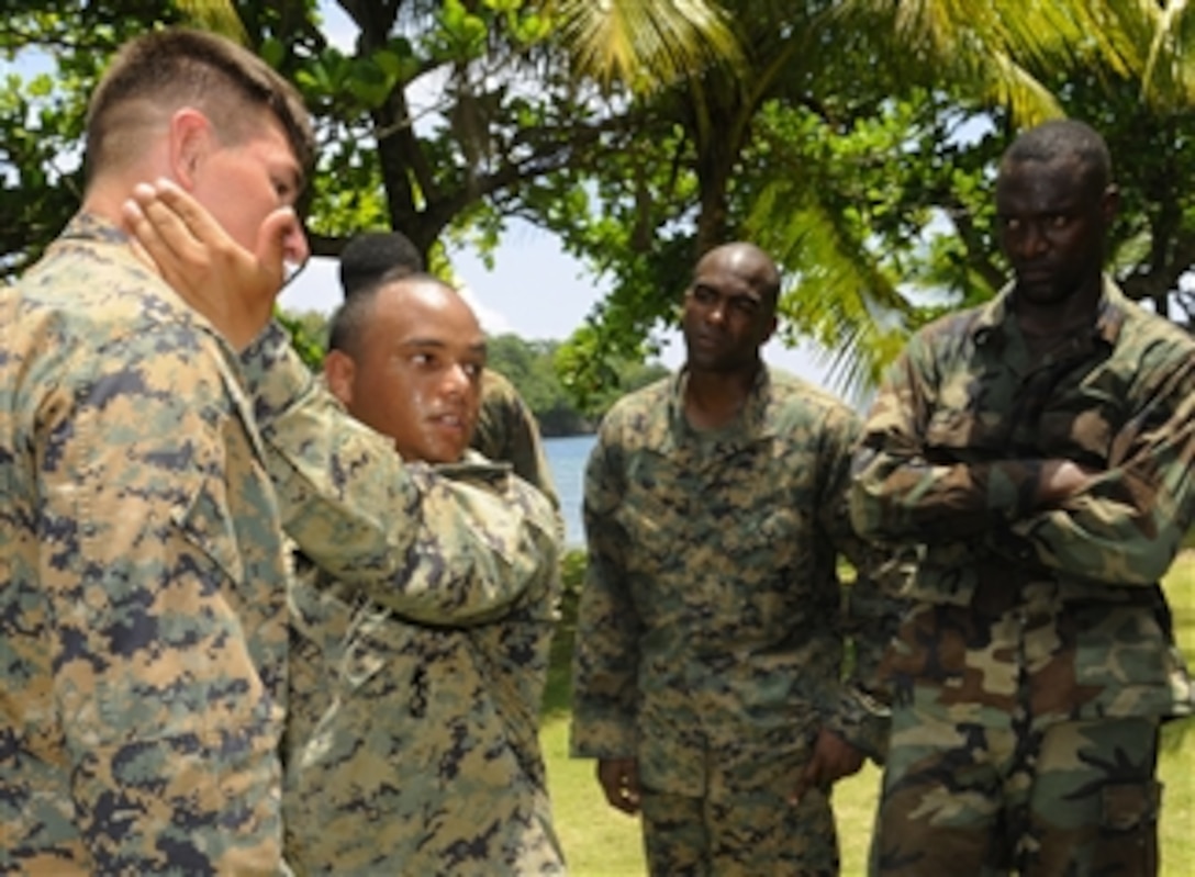 U.S. Marine Corps Sgts. Edan Valkner (left) and Juan Martinez demonstrate a ground fighting technique for Marines embarked aboard High Speed Vessel Swift (HSV 2) and members of the Jamaican Defense Force in Port Antonio, Jamaica, on May 17, 2010.  The ship is deployed in support of Southern Partnership Station 2010.  