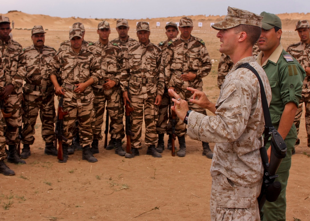 Lance Cpl. Justin Roy of Lafayette, La., an infantryman who serves with Company F, Anti-terrorism Battalion, 4th Marine Division, engages targets during live-fire urban combat marksmanship training conducted by U.S. Marines and Moroccan soldiers as part of Exercise African Lion 2010 at Morocco Military Base Tifnit May 19.  (U.S. Army photo by Sgt. Whitney Houston, 128th MPAD, UTNG)