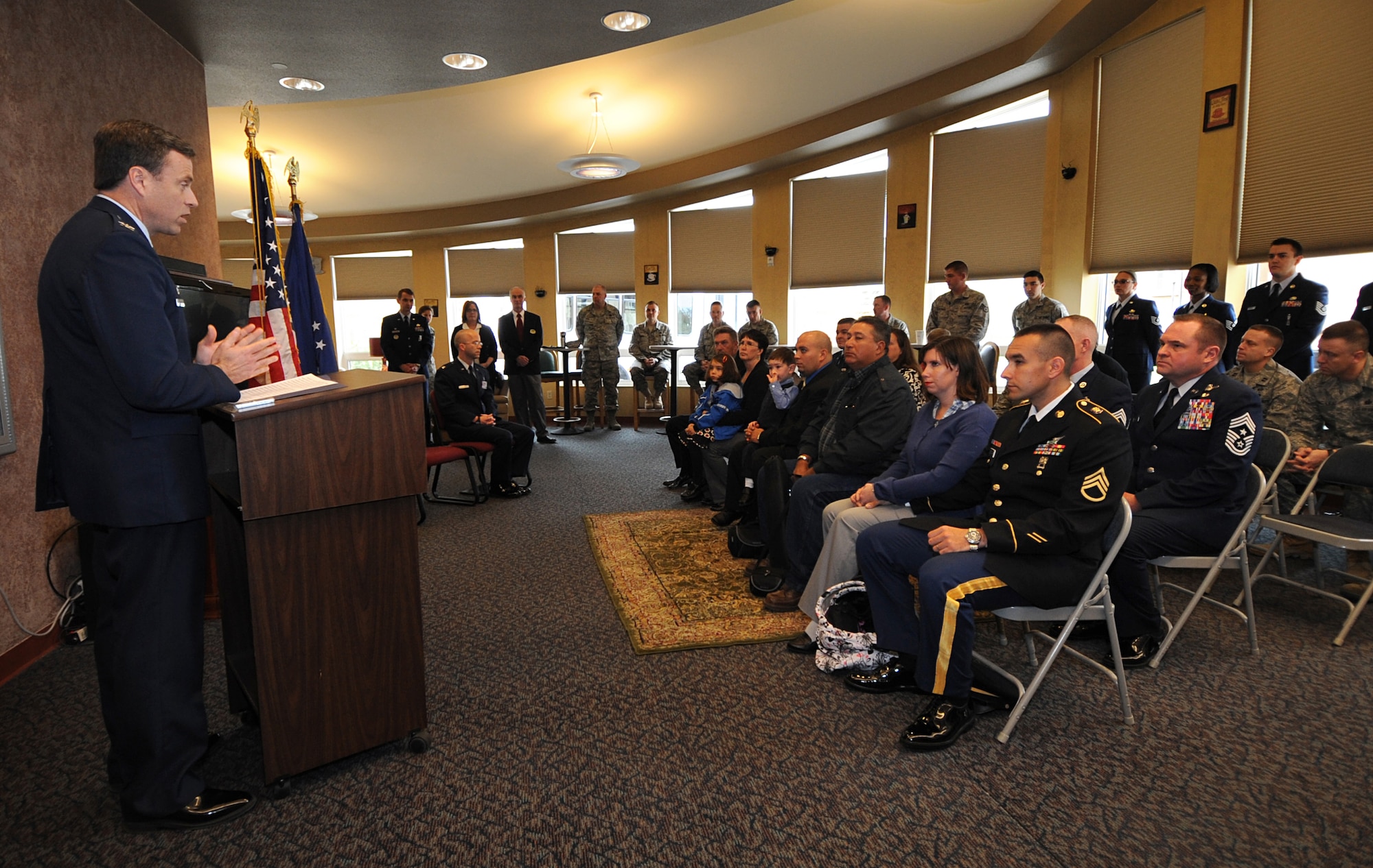 ELMENDORF AIR FORCE BASE, Alaska -- Col. Mark Chance gives a speech during the dedication ceremony of a college classroom to Staff Sgt. Timothy L. Bowles at the Wired Cafe here May 19. "It's my distinct honor and privilege to be able to have dedicated the Staff Sgt. Timothy L. Bowles Community College of the Air Force Center for Excellence," said Colonel Chance. Sergeant Bowles was killed while deployed to Afghanistan in 2009. Colonel Chance is the 3rd Mission Support Group commander. (Air Force Photo by Senior Airman Cynthia Spalding)