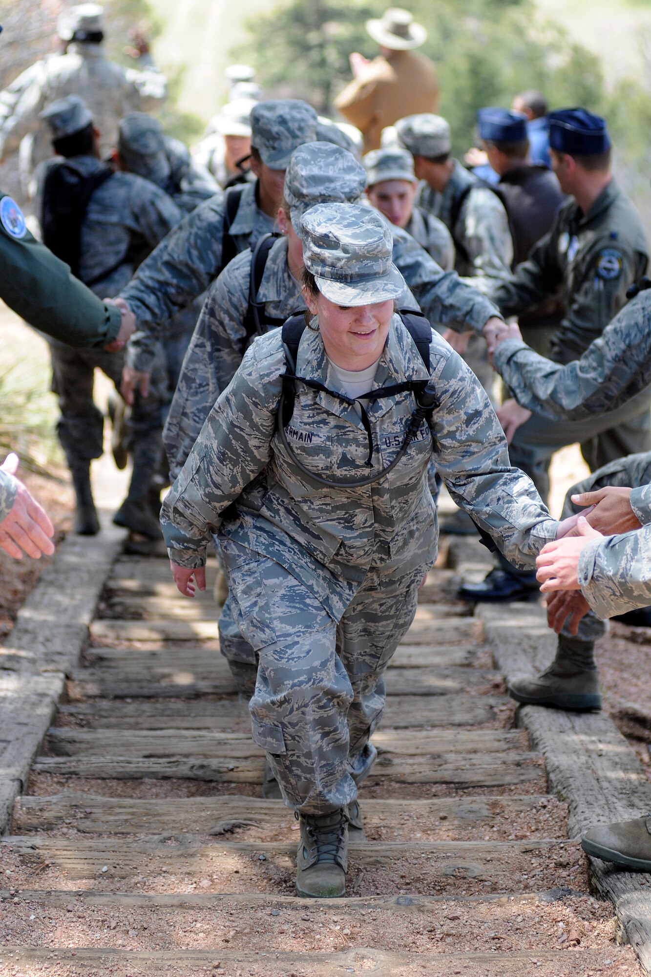 Cadet Candidate Julianne Germain ascends the "Stairway to Heaven" during the final phase of Academy Preparatory School training May 15, 2010. Nearly 200 cadet candidates graduated from the Prep School in a ceremony May 18, and nearly 190 received appointments to the Air Force Academy Class of 2014. (U.S. Air Force photo/J. Rachel Spencer)