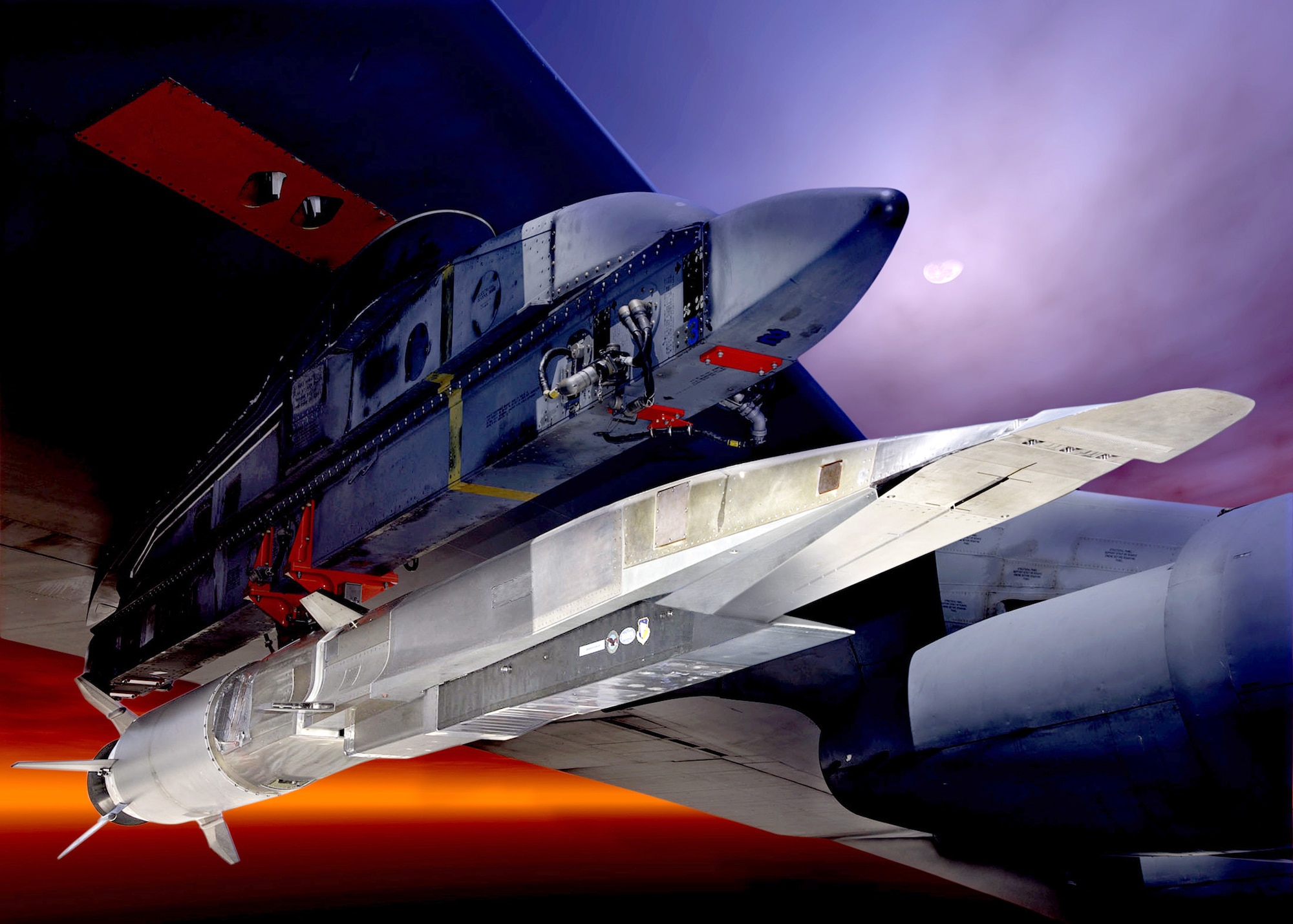 The X-51A Waverider, shown here under the wing of a B-52 Stratofortress, is set to demonstrate hypersonic flight.  Powered by a Pratt & Whitney Rocketdyne SJY61 scramjet engine, it is designed to ride on its own shockwave and accelerate to about Mach 6.  (U.S. Air Force graphic)