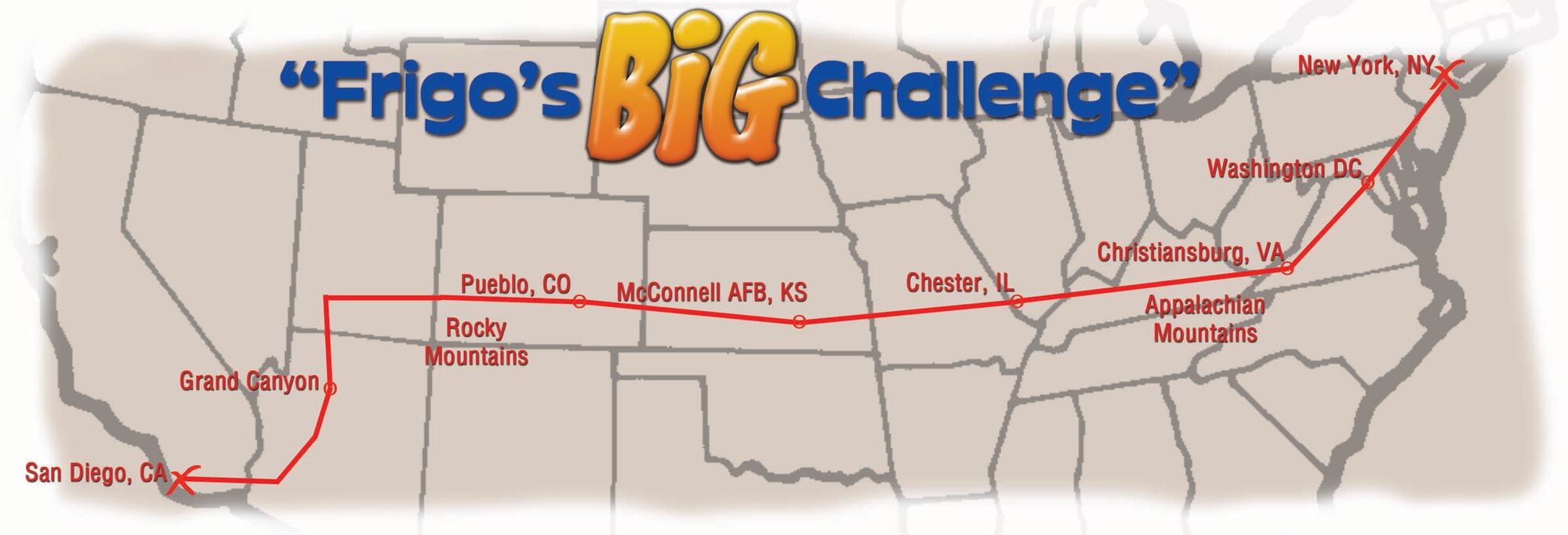 A depiction of the route U.S. Air Force Reserve Senior Master Sgt. James Frigo, Sr., and his son, James “Bubba” Frigo, Jr., will take as they bicycle across the United States.  They plan to depart from San Diego, Cailf., June 14, 2010, and finish the ride in Times Square, New York City.  The two hope to raise awareness about retinitis pigmentosa, a degenerative condition Bubba was diagnosed with in 2008 that leads to eventual blindness.  (U.S. Air Force graphic/ Henry Kim)