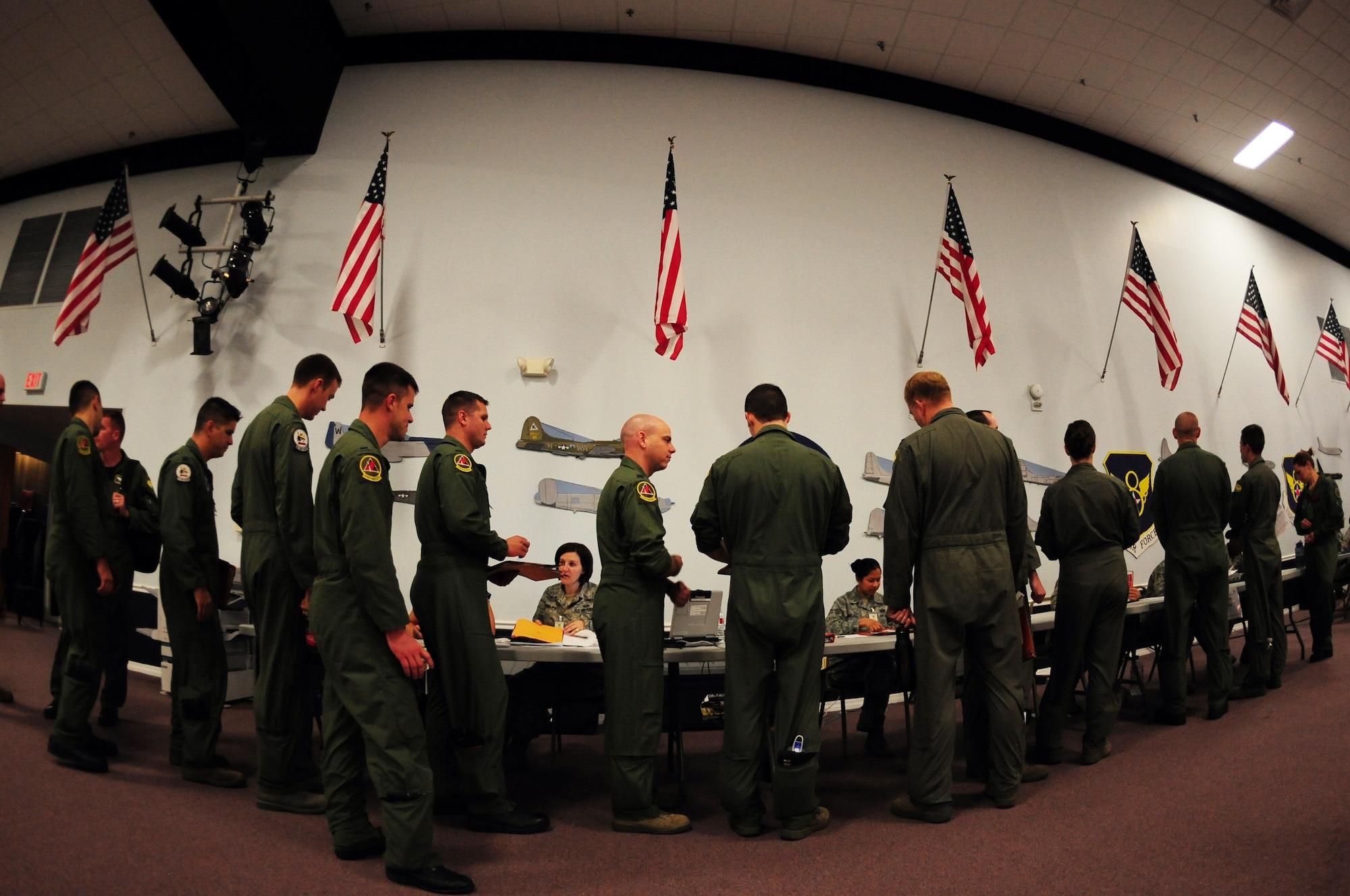 BARKSDALE AIR FORCE BASE, La. – Flight crew participants in a Nuclear Operational Readiness Exercise process through a mock deployment line at Hoban Hall May 18. With a Nuclear Operational Readiness Inspection this summer, Barksdale Airmen are expected to adapt and overcome, perform with fewer errors and properly execute missions during the NOREs in mid-May and early June. (U.S. Air Force photo by Senior Airman Joanna M. Kresge)