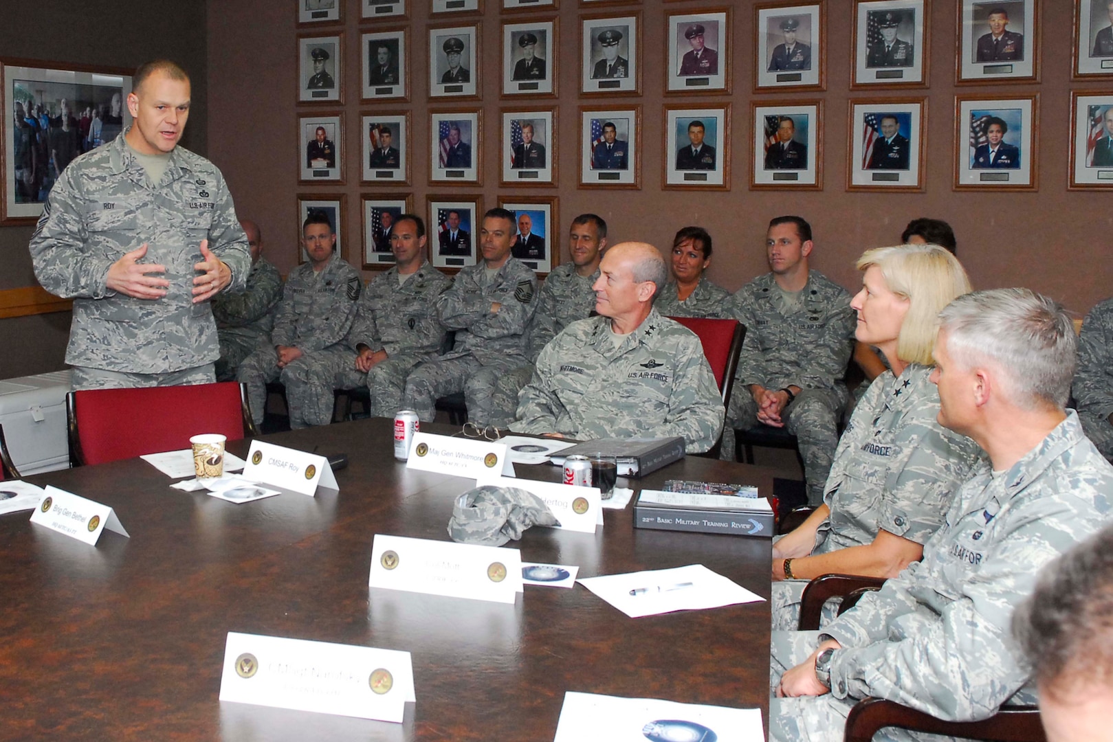 Chief Master Sergeant of the Air Force James A. Roy speaks to Air Education and Training Command leadership during the 22nd Basic Military Training Triennial Review outbrief May 14. The committee's primary focus was to review training and curricular requirements for BMT and recommend further changes. (U.S. Air Force photo/Alan Boedeker) 
