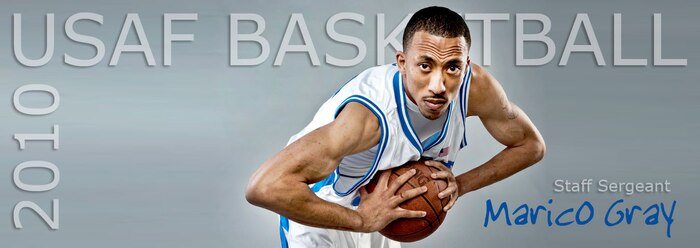 NELLIS AIR FORCE BASE, Nev. -- Staff Sgt. Marico Gray a 4 time All-Air Force, All-Armed Forces basketball team member from the 99th Contracting Squadron shows-off one of his four gold medals he earned as part of the All-Armed Forces basketball team. (U.S. Air Force illustration by Chief Master Sgt. John Zincone) 