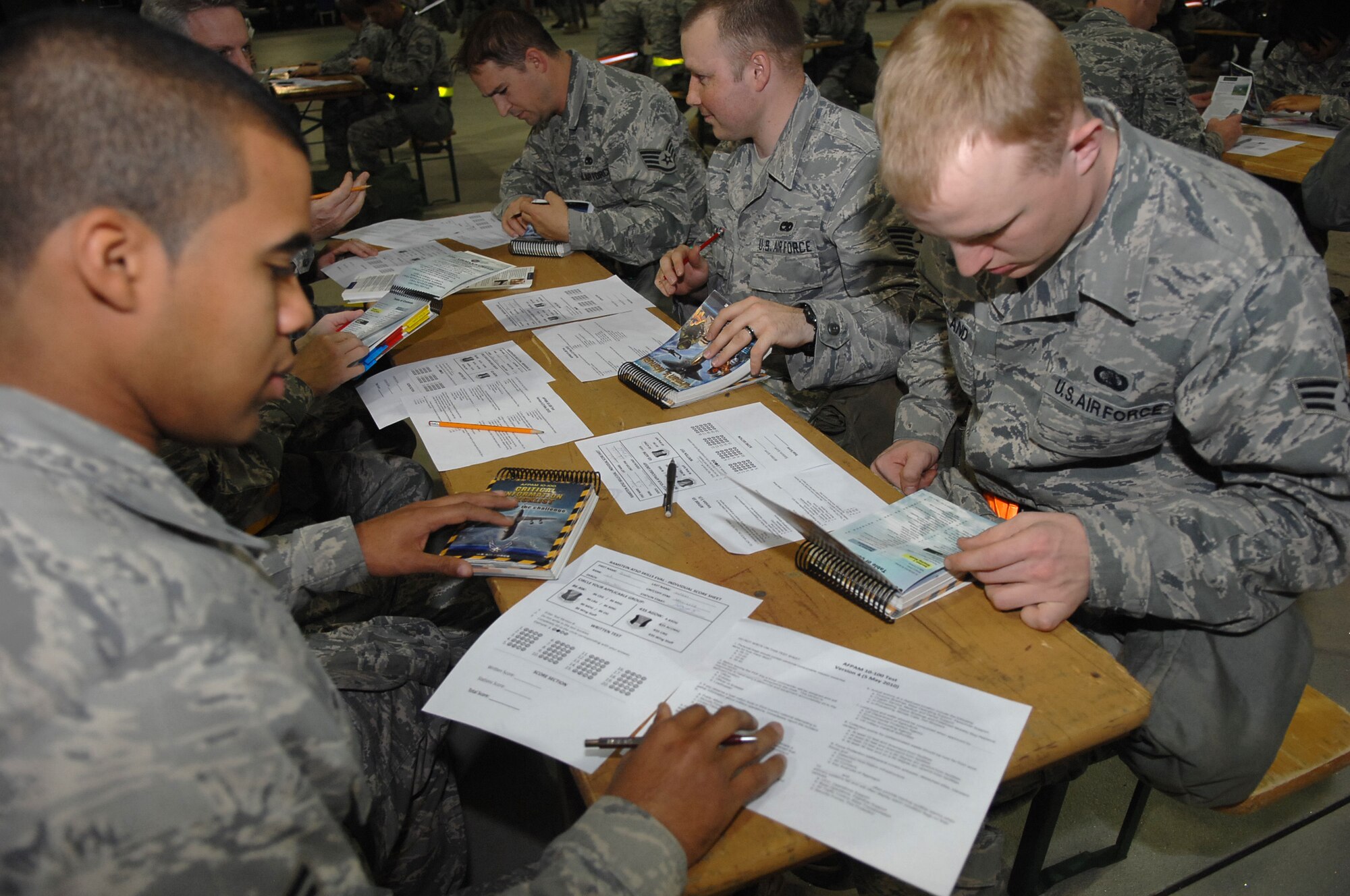 Members of the 86th Airlift Wing take a 20 question Airman's Manual test during Ability to Survive and Operate training Ramstein Air Base, Germany, May 20. The 86th Airlift Wing Inspections and Readiness flight with the help of augmentees from throughout the base, tested 576 servicemembers in at one of seven stations on M-8/ M-9 chemical detection, self-aid and buddy care and weapons operations procedures in preparation of the upcoming September Operational Readiness Inspection. (U.S. Air Force photo by Tech. Sgt. Michael Voss)