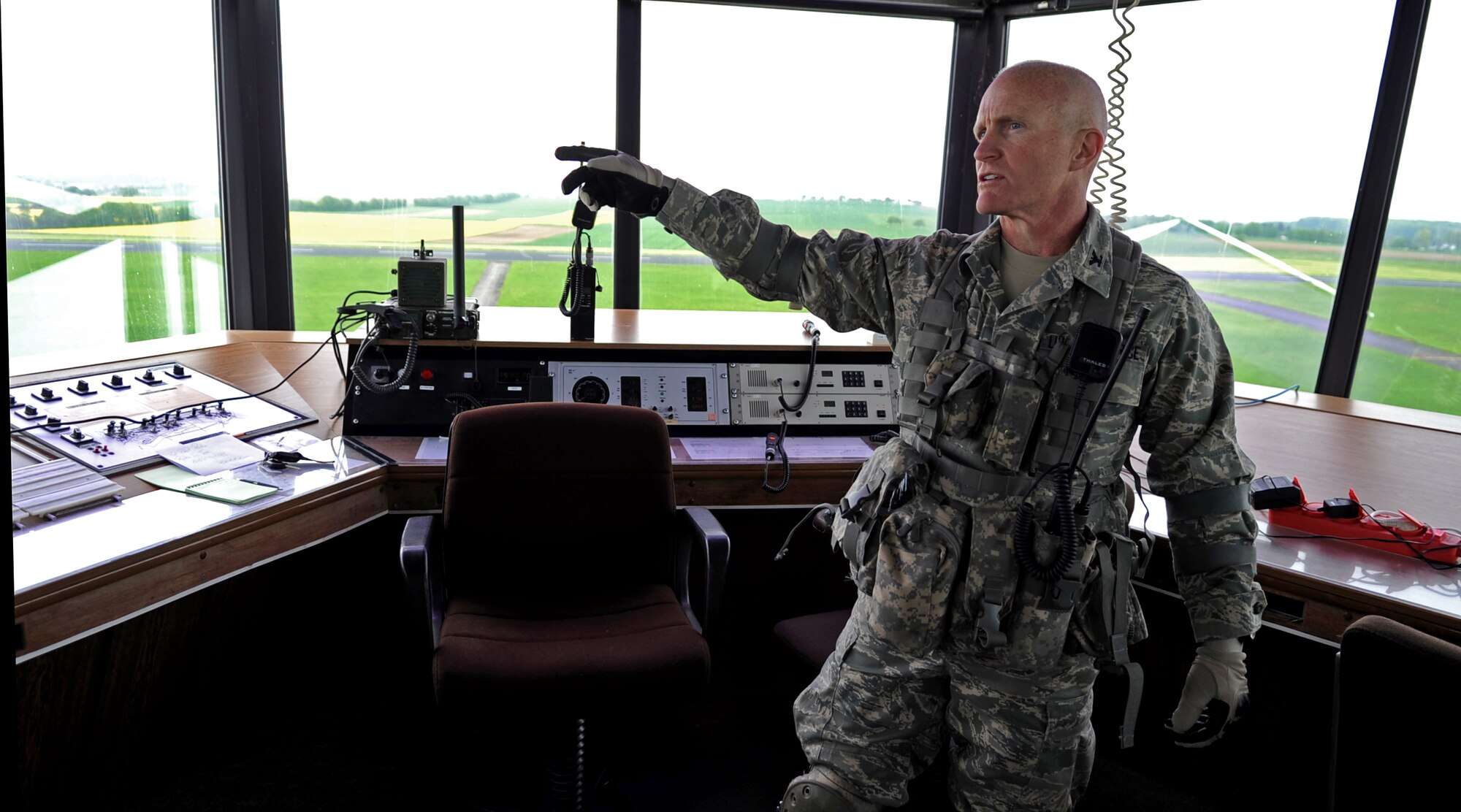 U.S. Air Force Col. Timothy Brown, 435th Contingency Response Group commander, talks about the airfield survey conducted during an Operational Readiness Exercise, Flugplatz Bitburg, Germany, May 17, 2010. This ORE is the third of five exercises held to prepare Airmen for the Operational Readiness Inspection. The exercise held in Bitburg consisted of over 100 personnel, spanning 30 Air Force Specialty Codes, and three wings. (U.S. Air Force photo by Airman 1st Class Grovert Fuentes-Contreras)(Released)