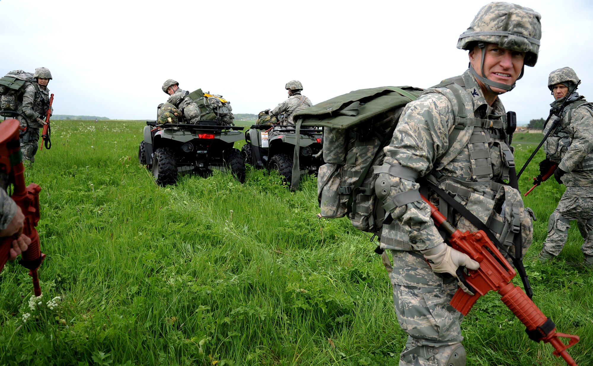 U.S. Air Force Col. Timothy Brown, 435th Contingency Response Group commander, ensures security teams are in place during an Operational Readiness Exercise, Flugplatz Bitburg, Germany, May 17, 2010. This ORE is the third of five exercises held to prepare Airmen for the Operational Readiness Inspection. The exercise held in Bitburg consisted of over 100 personnel, spanning 30 Air Force Specialty Codes, and three wings. (U.S. Air Force photo by Airman 1st Class Grovert Fuentes-Contreras)(Released)