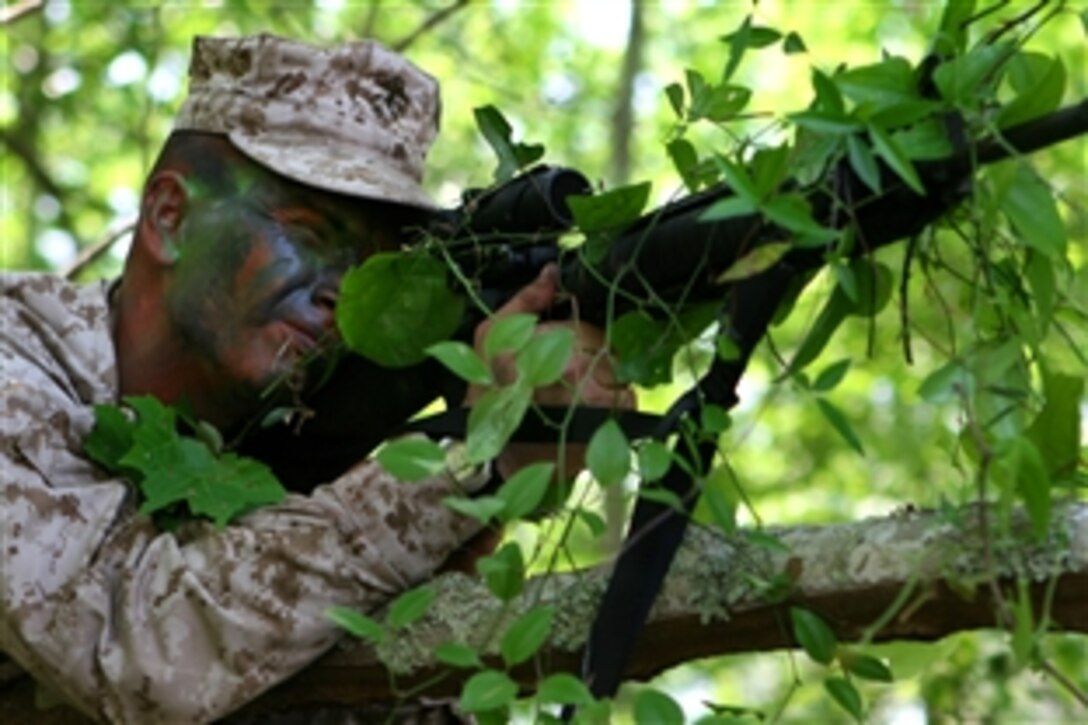 A U.S. Marine posts security during a field exercise that was part of a Corporal's Course on Camp Lejeune, N.C., May 14, 2010. The Marine is assigned to the 2nd Marine Logistics Group. The 2nd MLG recently initiated their own version of the Staff Non-commissioned Officer Academy's Corporal's Course to allow 2nd MLG corporals to go through the mandatory course without taking them out of their day-to-day jobs over an extended period of time.  