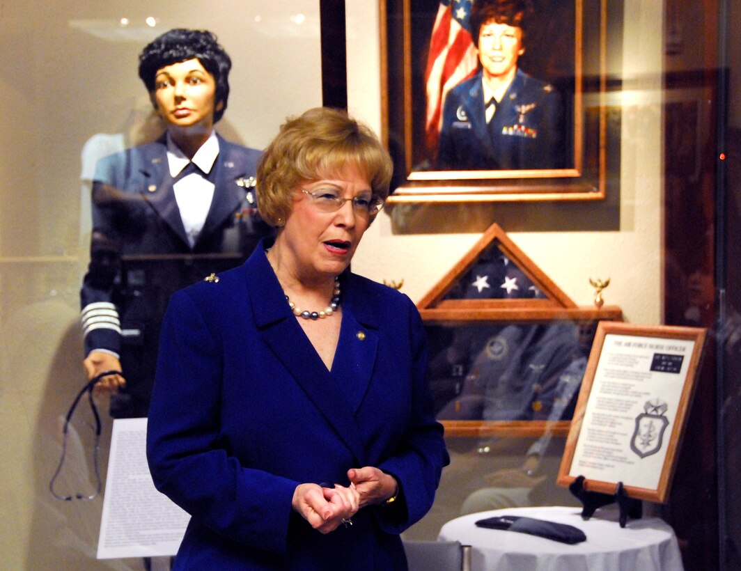Sheppard Hall of Heroes Honoree Retired Col. Rita Vokes, thanks attendees during her display unveiling at base Heritage Center at Sheppard Air Force Base, Texas, May 21, 2010. Three former Airmen were honored at the ceremony for their service which spanned conflicts from World War II to Desert Storm. (U.S. Air Force photo/Harry Tonemah)