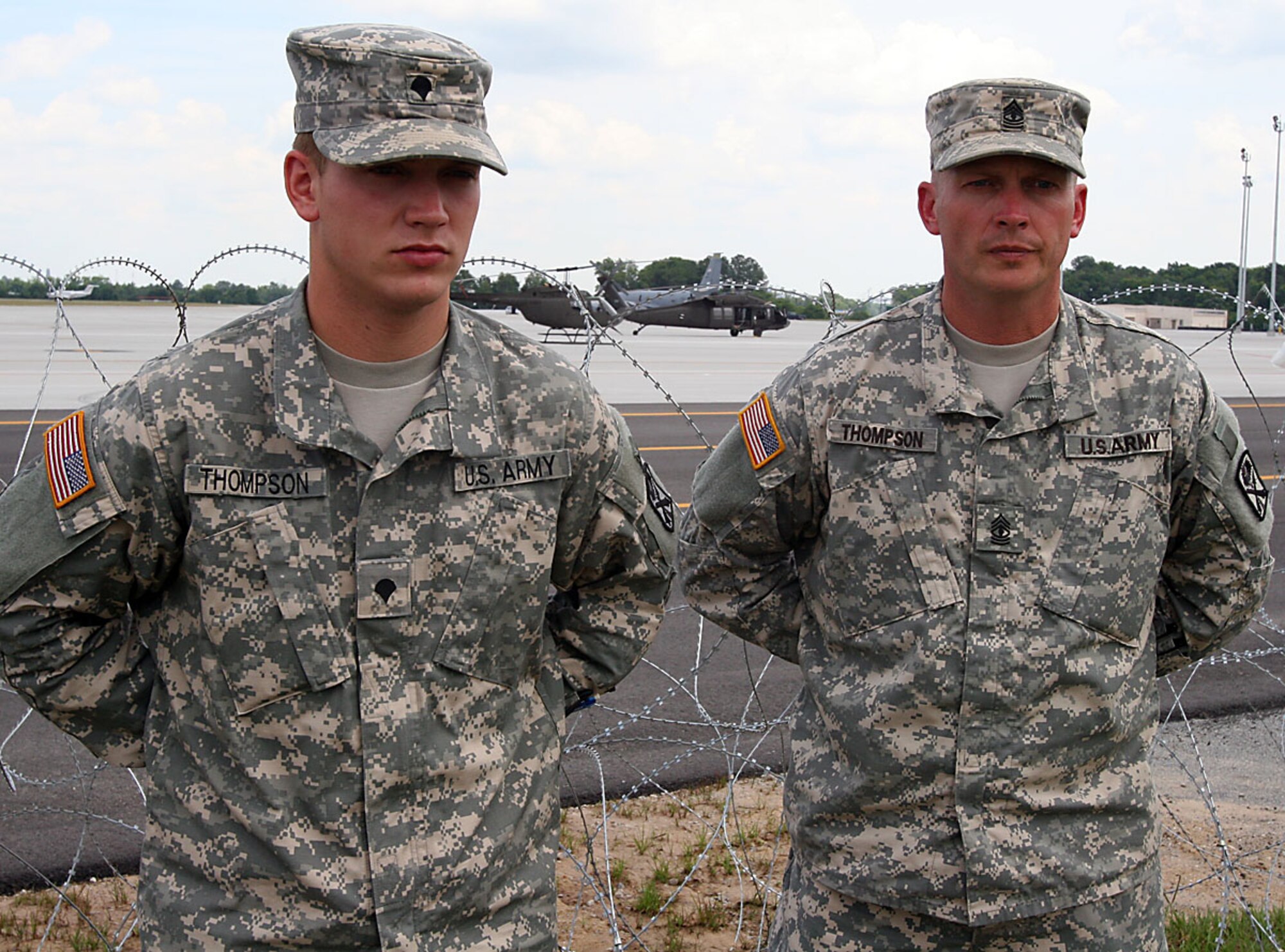 Specialist Dallas Thompson (left) and his father, 1st Sgt. Donald Thompson, are one of three sets of father-son pairs currently serving in the South Carolina National Guard with the 263rd Army Air and Missile Defense Command.  (U.S. Army photo by Specialist Adam Dean)