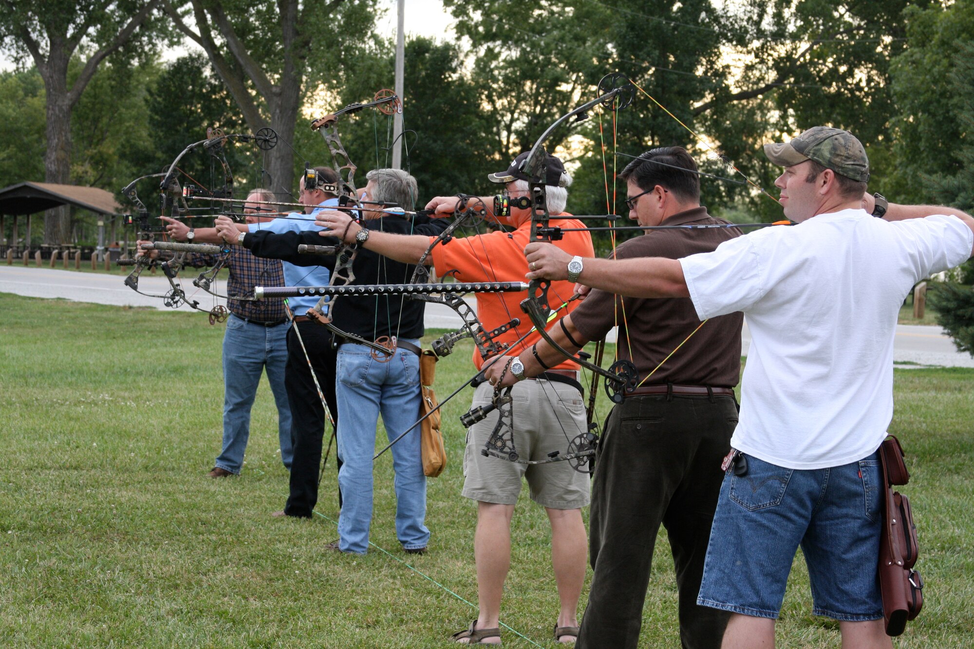 OFFUTT AIR FORCE BASE, Neb. -- Participants of Offutt's Archery Tournament League aim at a target at the base lake here May 1. The league consists of archers of all ages. For more information about the league, call 294-2108. U.S. Air Force Photo by Staff Sgt. Joseph Lambert