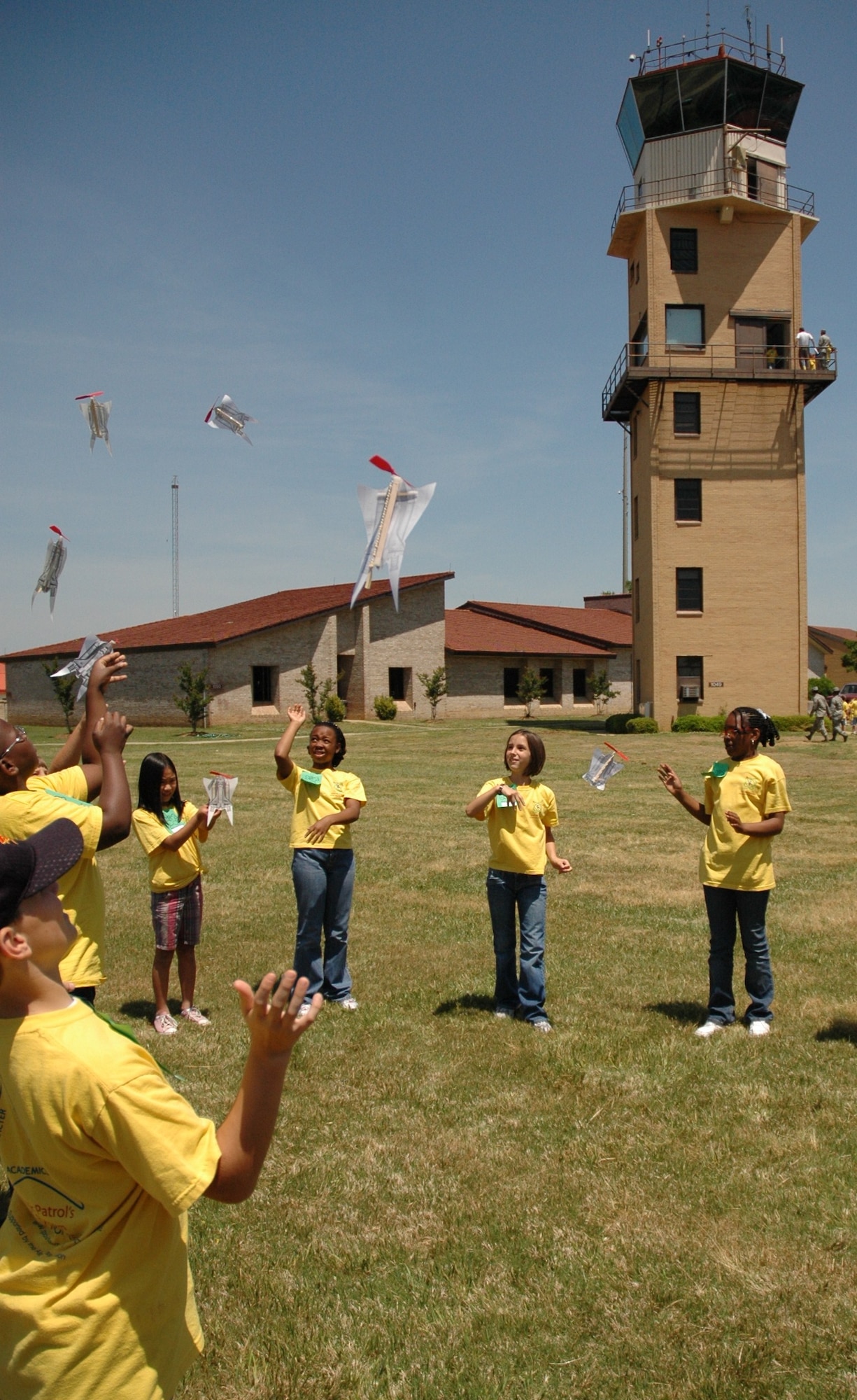 A visiting class from Bear Exploration Center lets their newly made ‘fun shuttles’ fly during one of the many activities during Aerospace Adventures Day at Maxwell Air Force Base. (Air Force photo/Gene H. Hughes)