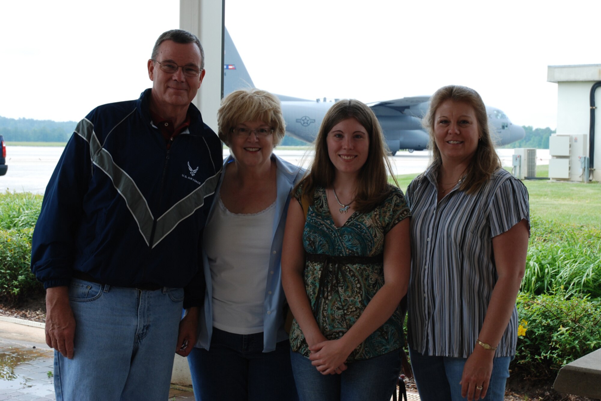 Master Sgt. Jim Armstrong (Ret), Judi Armstrong, Morgan Turner and Donna Turner visit Dobbins Air Reserve Base May 21. Morgan, Newnan High School JROTC cadet, plans to join the U.S. Air Force upon graduation and become an air traffic controller. She will receive a letter of recommendation from Lt. Col. Glenn Broadnax, senior aerospace science instructor, Newnan High School, guaranteeing her a position in the career field. (U.S. Air Force photo/Tech. Sgt. James Branch)