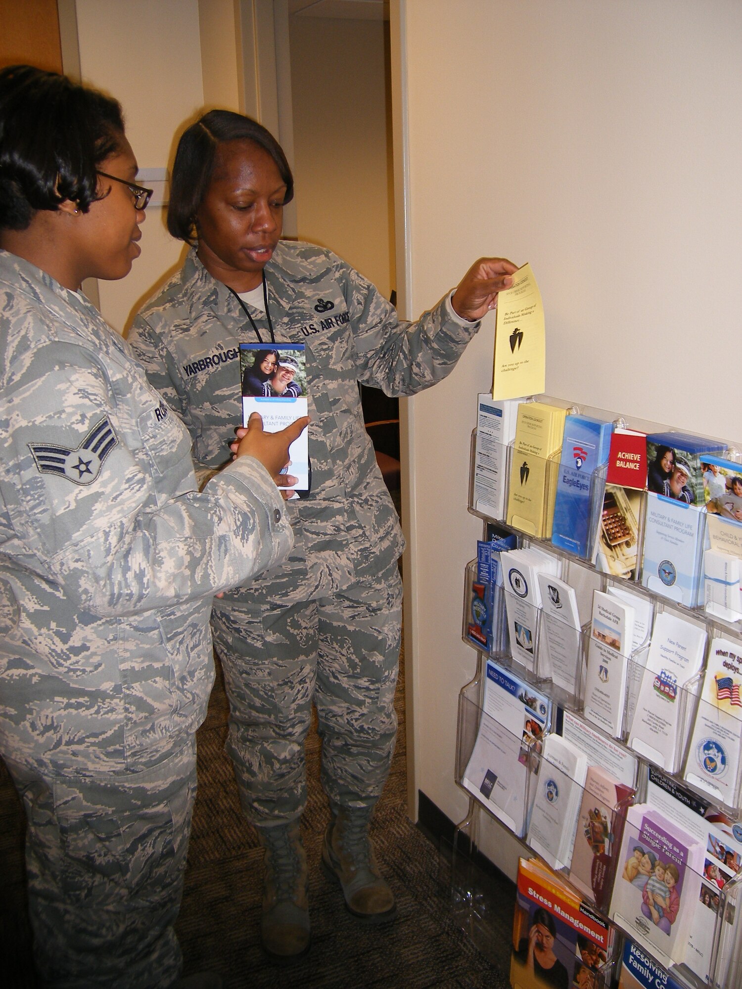 BARKSDALE AIR FORCE BASE, La. – Master Sgt. Keisha Yarbrough shows a Barksdale Airman information on the different agencies on base. Sergeant Yarbrough was recently honored as the 2009 Air Force Global Strike Command First Sergeant and Outstanding Airman of the Year.  (Courtesy Photo)