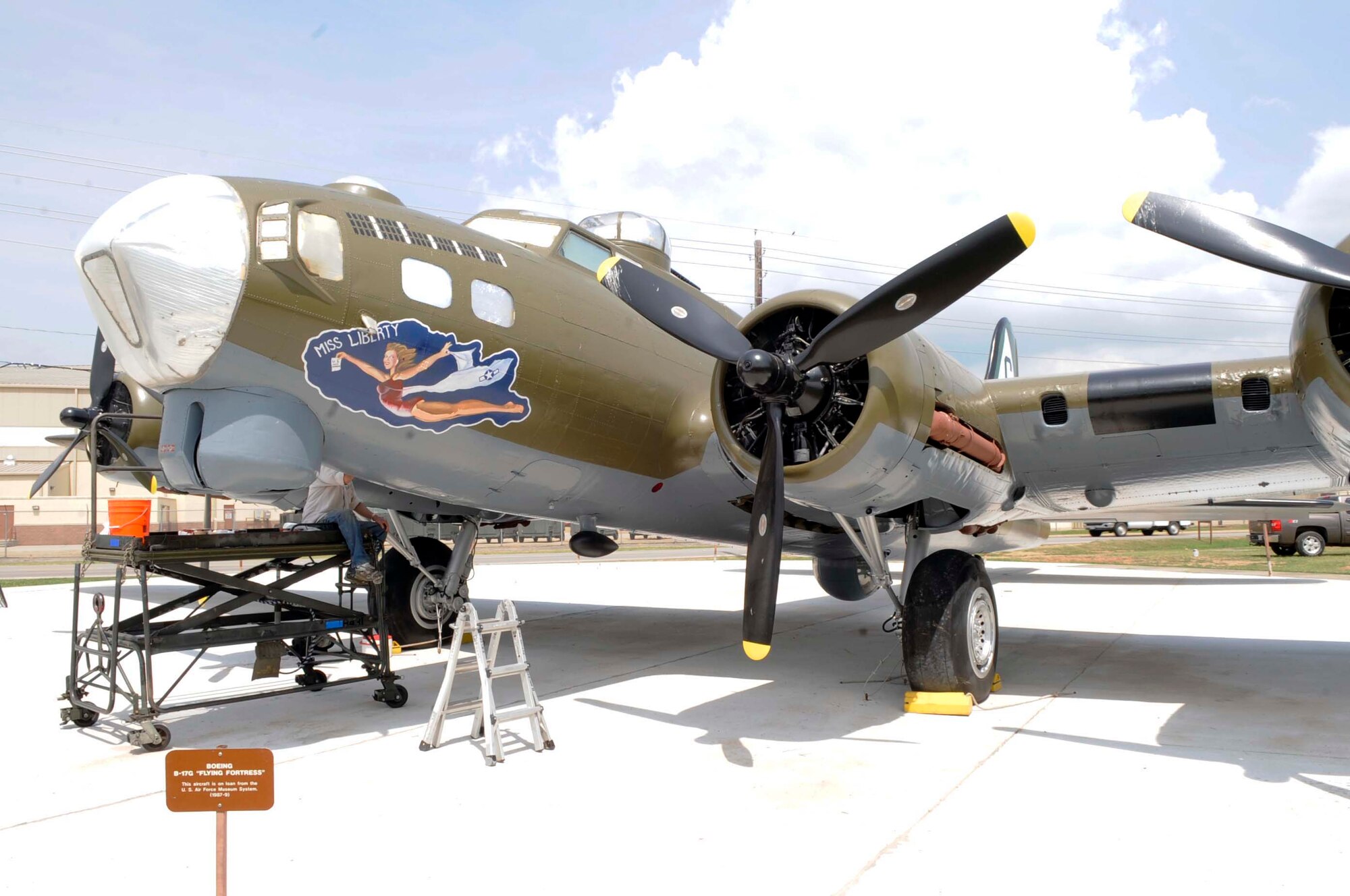 BARKSDALE AIR FORCE BASE, La. -- This B-17G bomber at the Eighth Air Force museum is receiving a paint job in honor of Maj. Gen. Lewis E. Lyle, who flew many missions during World War II in B-17s. Ron Fountain, Houston’s Southwest Museum Services development director, traveled here to paint the nose of the B-17 to mirror one that was flown by General Lyle. The name of the B-17G is "Miss Liberty." (U.S. Air Force photo/Staff Sgt. John Gordinier)