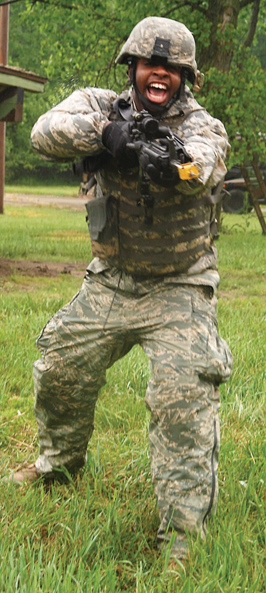 Senior Airman Patrick Richard, 88th Security Forces Squardron, demonstrates the shove using his M-4 as a self defense manuver during Operation Community Warfighter here May 17-18. 
