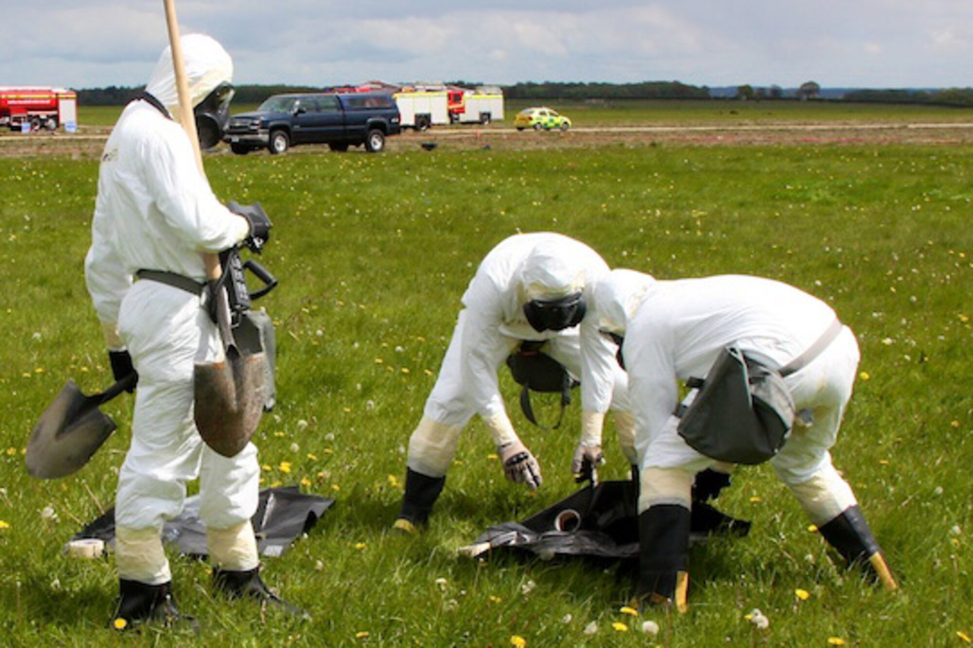Personnel from RAF Lakenheath and 3rd Air Force participate in an emergency response exercise with British emergency services May 12, 2010 at Sculthorpe Airfield, England. The exercise, titled Astral Bend, lasted two days. The first day the emergency services team was at the airfield responding to an emergency scenario, while they spent the second day at RAF Mildenhall to conduct a table top exercise aimed at exercising the role, inter-operability and co-operation of the lead U.K. and U.S. stakeholders in the event of a major accident in the United Kingdom. (U.S. Air Force photo by Staff Sgt. Casey Pascoe)
