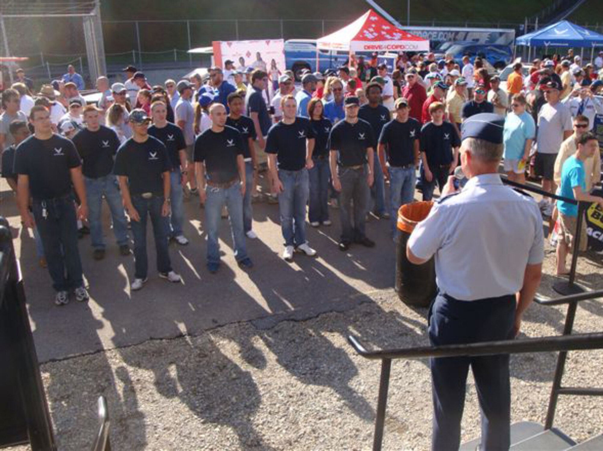 Maj. Gen. William L. Holland speaks to delayed entry program members from Birmingham and surrounding areas before swearing them in April 25 at Talladega Superspeedway.  General Holland is commander of Air Combat Command’s 9th Air Force at Shaw Air Force Base, S.C. Also attending was Col. Bernard Dodson, 369th Recruiting Group commander, who was visiting the 331st Recruiting Squadron Warriors at Maxwell AFB-Gunter Annex, Ala. (U.S. Air Force photo/Tech. Sgt. Adrian Bray)