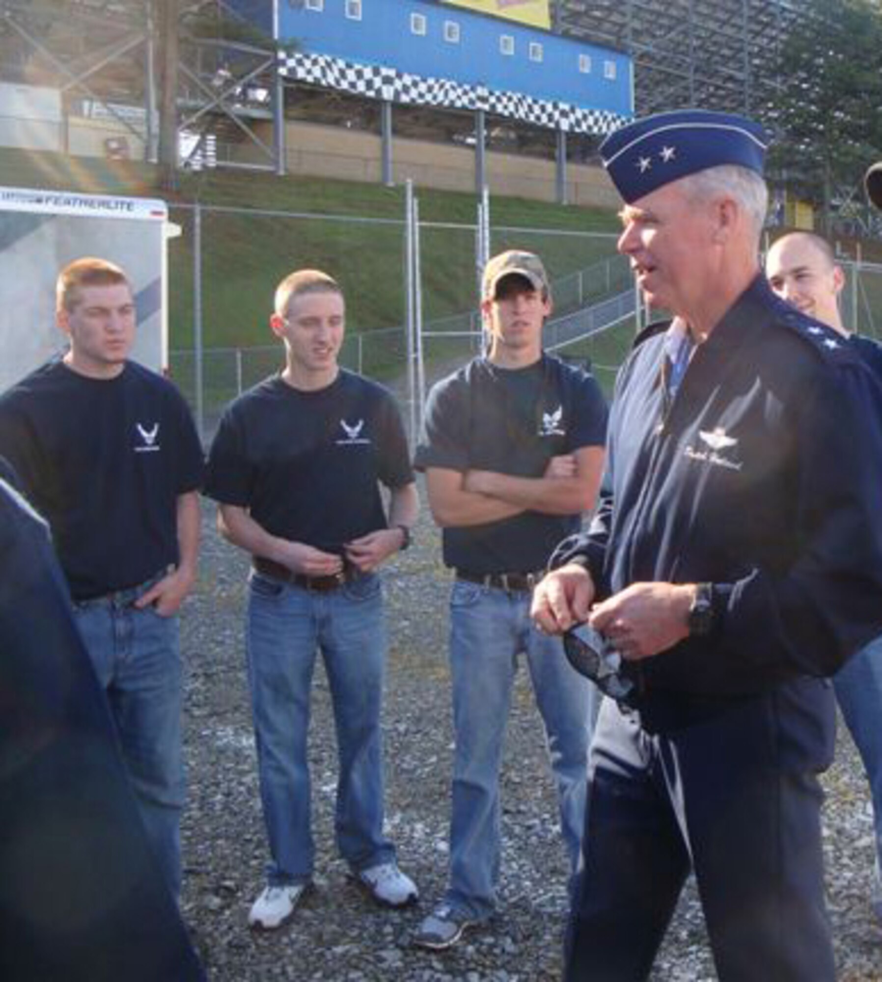 Maj. Gen. William L. Holland addresses 15 delayed entry program members from Birmingham and surrounding areas before swearing them in April 25 at Talladega Superspeedway.  General Holland is commander of Air Combat Command’s 9th Air Force at Shaw Air Force Base, S.C. Also attending was Col. Bernard Dodson, 369th Recruiting Group commander, who was visiting the 331st Recruiting Squadron Warriors at Maxwell AFB-Gunter Annex, Ala. (U.S. Air Force photo/Tech. Sgt. Adrian Bray)