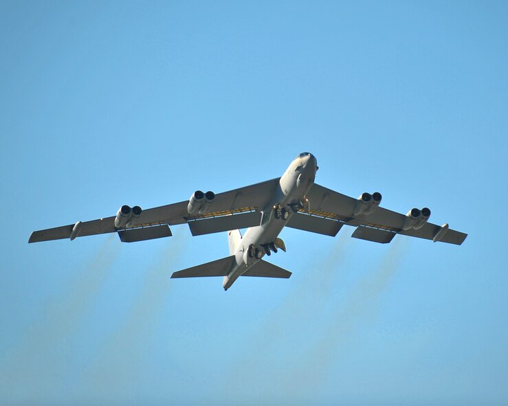 MINOT AIR FORCE BASE, N.D. -- A B-52H Stratofortress takes off for a rapid launch training sortie here May 20, during exercise Prairie Vigilance 10-5.  Prairie Vigilance exercises test the 5th Bomb Wing's nuclear mission capabilities ensuring the wing continues to conduct safe, secure and effective nuclear operations. (U.S. Air Force photo by Master Sgt. Michael Gaddis)