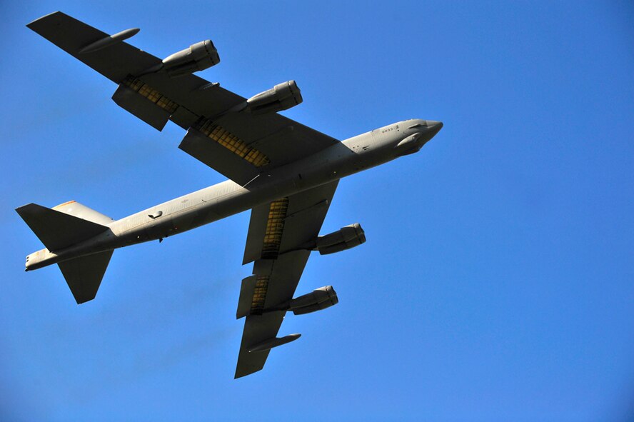 MINOT AIR FORCE BASE, N.D. -- A B-52H Stratofortress takes off for a rapid launch training sortie here May 20, during exercise Prairie Vigilance 10-5.  Prairie Vigilance exercises test the 5th Bomb Wing's nuclear mission capabilities ensuring the wing continues to conduct safe, secure and effective nuclear operations. (U.S. Air Force photo by Master Sgt. Michael Gaddis)