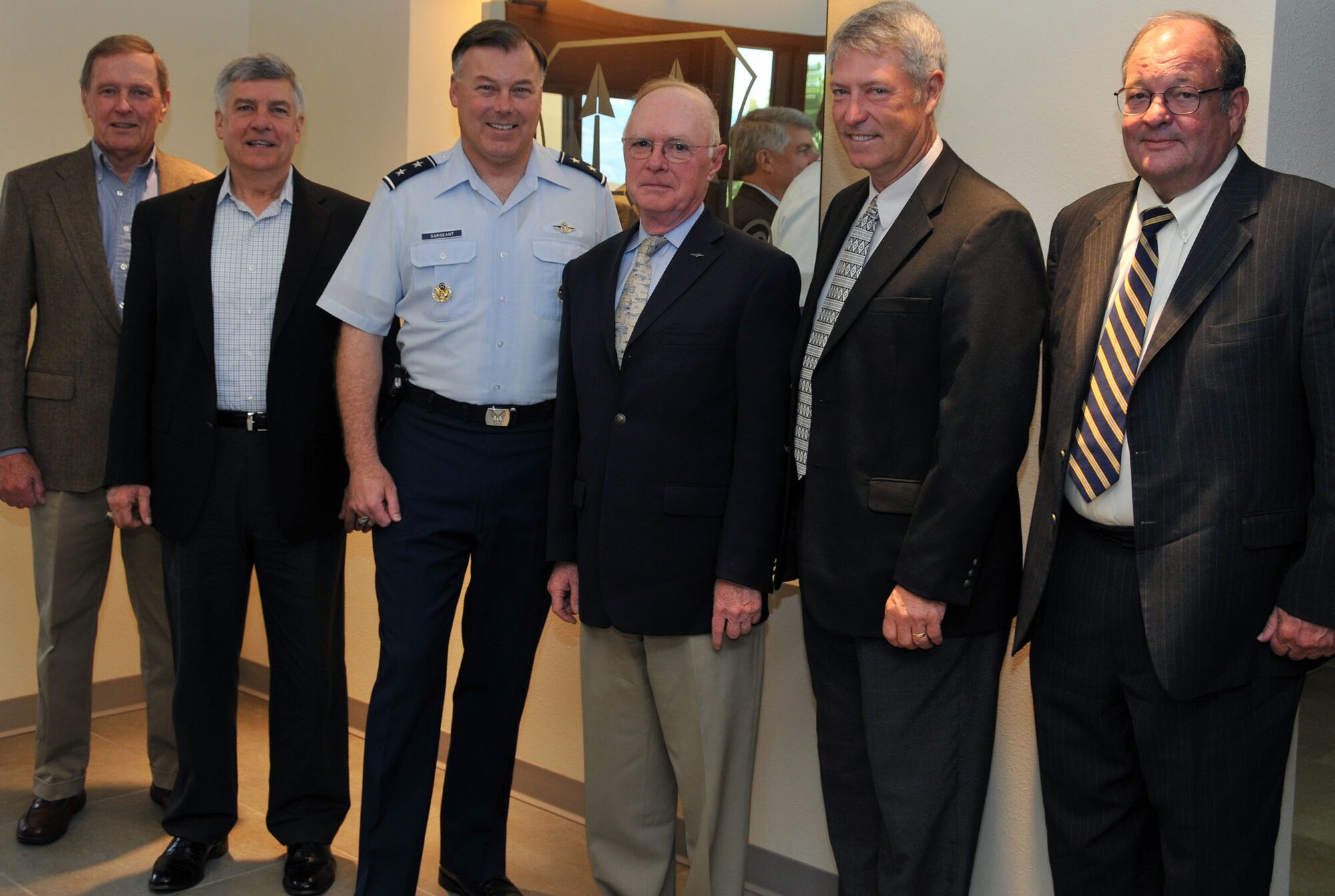 The Air Force Operational Test and Evaluation Center hosted four former AFOTEC commanders May 17-18 at AFOTEC’s headquarters at Kirtland Air Force Base, N.M. From left to right: retired Maj. Gen. Michael Hall (1985-1987); retired Maj. Gen. Felix Dupré (2003-2005) ; Maj. Gen. Stephen T. Sargeant, AFOTEC commander; retired Maj. Gen. George Harrison (1993-1997); retired Maj. Gen. Ken Peck (2000-2003); and Dave Hamilton, AFOTEC Executive Director. (Photo by George Diamond).