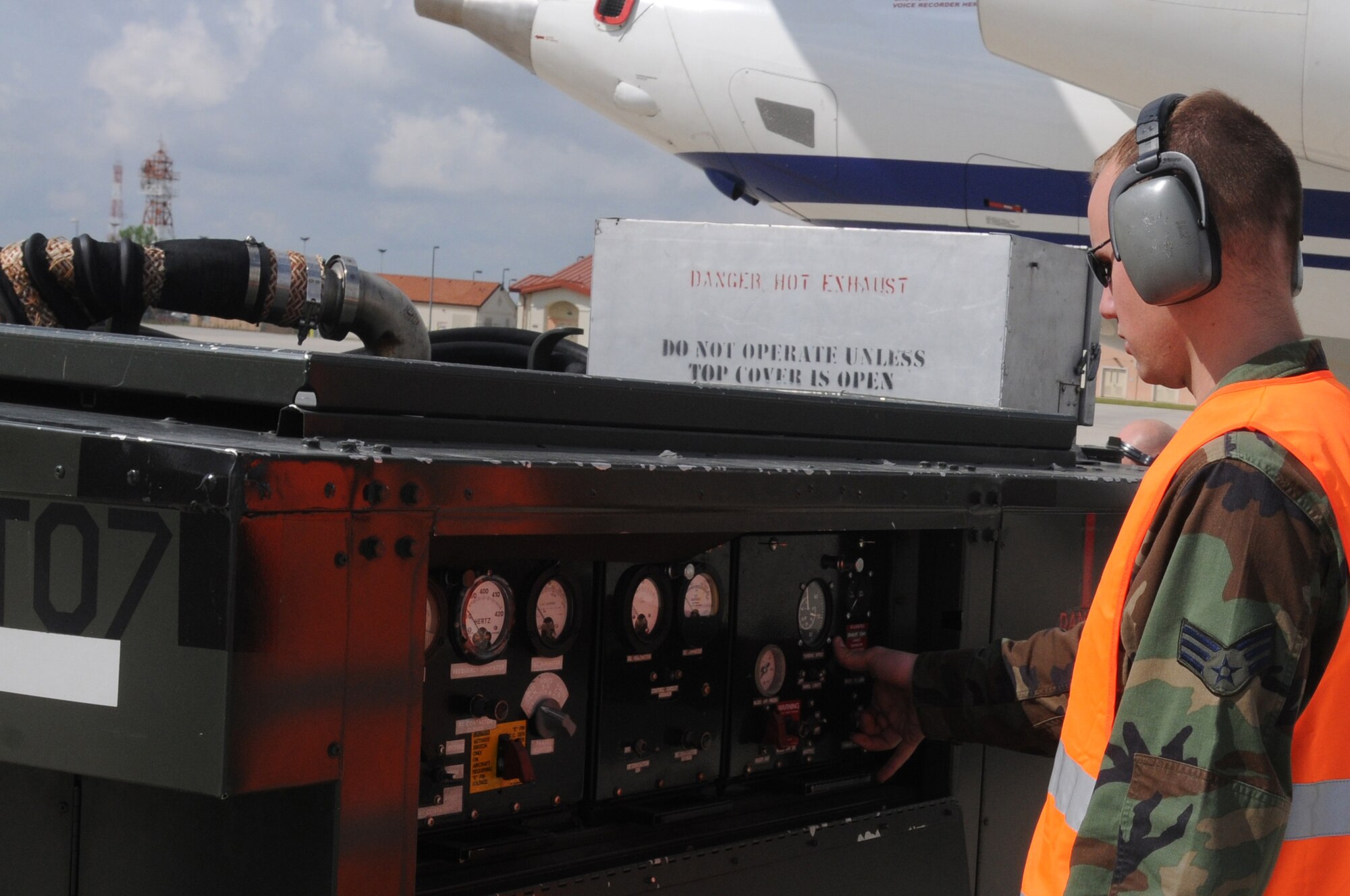 Senior Airman Nicholas Nelson, 31st Maintenance Squadron Transit Alert crew chief, starts up an external power source for a Belgium air force aircraft. The seven-member shop has caught more than 200 aircraft since Jan. 1. (U.S. Air Force photo/ Senior Airman Tabitha Mans)