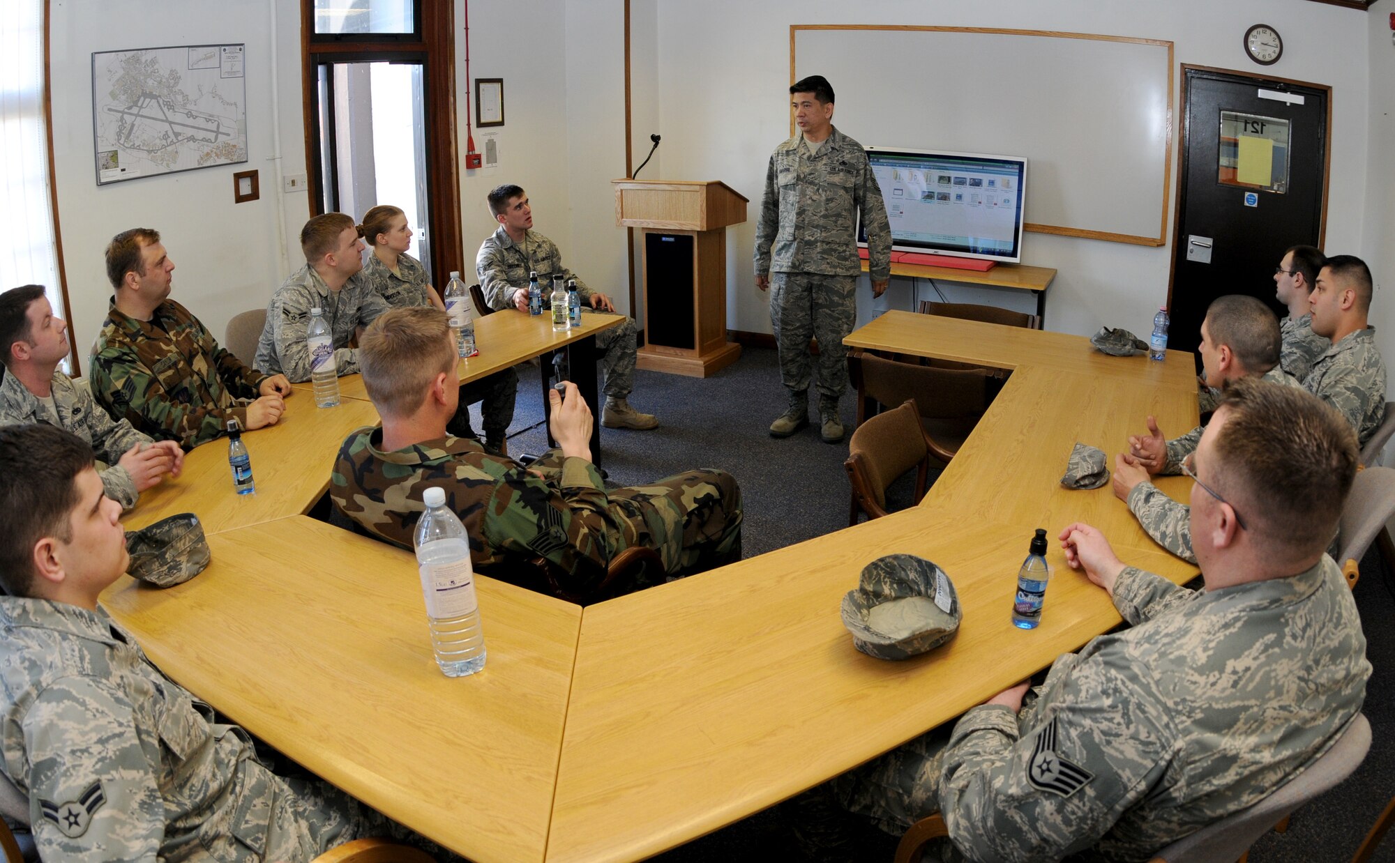 RAF MILDENHALL, England – Master Sgt. Bernhard Amargo, 100th Maintenance Squadron aircraft ground equipment flight chief, gives a safety briefing to personnel during the Wing Safety Stand Down Day inside hanger 528, May 21.  The Air Force Chief of Staff, Gen. Norton Schwartz, identified this month as an opportunity to reemphasize the importance of the “Wingman Concept” among our Airmen, and to address a recent rise in Air Force suicides and motor vehicle mishaps.  This month also marks the launch of the 101 Critical days of Summer, a period when the Air Force typically experiences an increase in off-duty accidents. (U.S. Air Force photo/ Staff Sgt. Jerry Fleshman)
