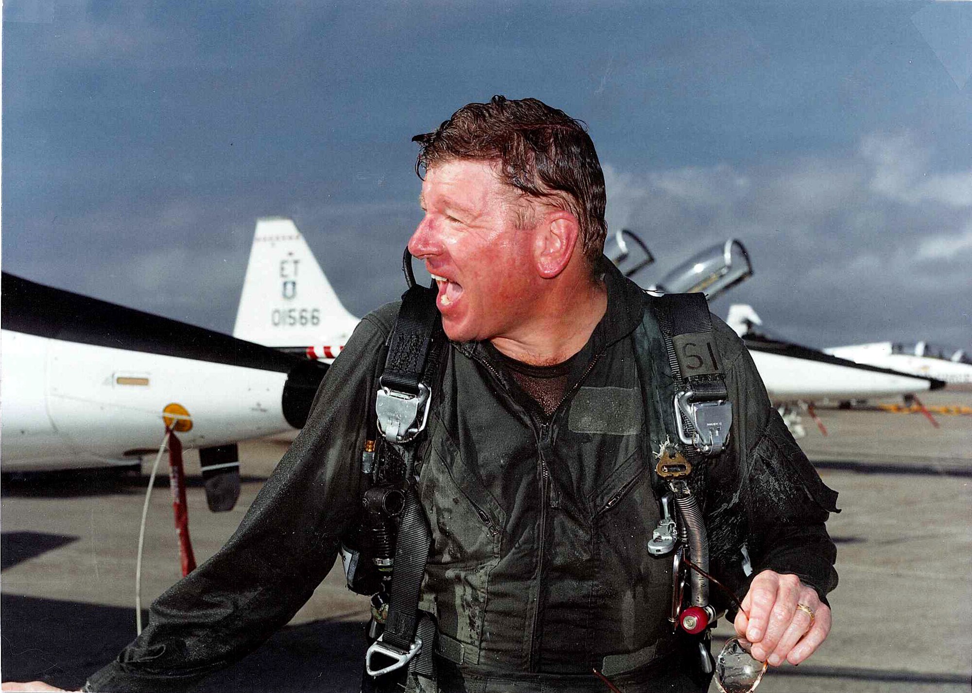 Then-Senior Master Sgt. Dave Miller, received a T-38 incentive flight prior to his retirement from the military in 1991.  Mr. Miller ends his 50-year career with the federal government May 29.  Mr. Miller served 29 years in the military, 15 of which in the protocol field (Courtesy photo)