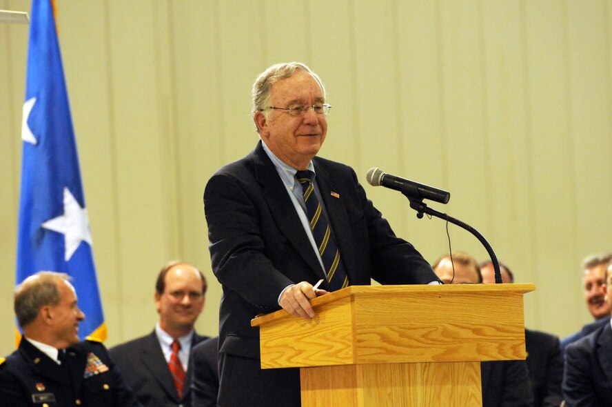 Former U.S. Rep. David Hobson speaks Friday, May 14, at the Springfield Air National Guard Base during a new mission celebration.  The 178 FW will be receiving the MQ-1 Predator mission as well as analyze information for the National Air and Space Intelligence Center.