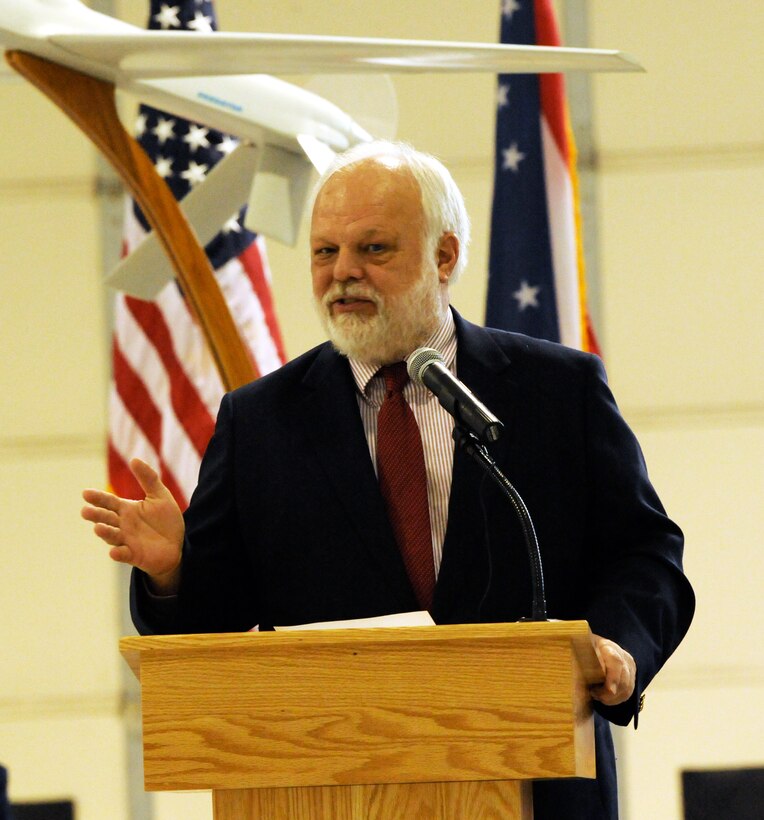 Springfield Mayor Warren Copeland speaks Friday, May 14, at the Springfield Air National Guard Base.  The 178 FW will receive the MQ-1 mission as well as analyze information for the National Air and Space Intelligence Center.