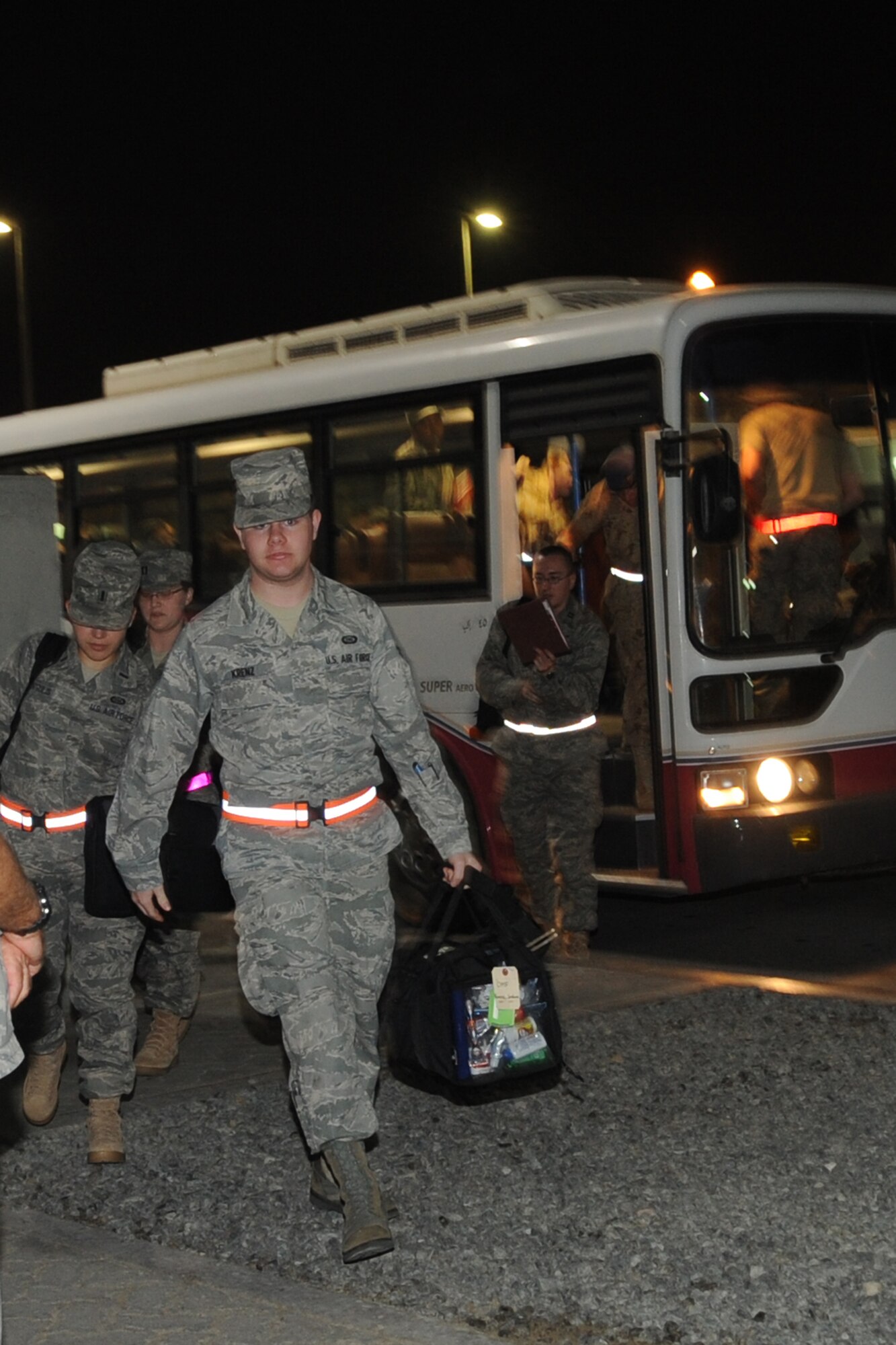 New Airmen of the 380th Air Expeditionary Wing in-process and attend briefings  at an undisclosed location in Southwest Asia on May 8, 2010.The 380th AEW supports Operations Iraqi Freedom and Enduring Freedom and the Combined Joint Task Force-Horn of Africa. Its comprised of four groups and 12 squadrons. The wing's deployed mission includes air refueling, surveillance and reconnaissance in support of overseas contingency operations in Southwest Asia.(U.S. Air Force photo/Senior Airman Jenifer H. Calhoun/Released)