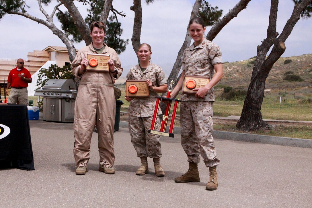 (Left to right) Capt. Tracey L. Hartley, Lance Cpl. Brittney D. Walters and Pfc. Ariana N. Hawkins, Skeet and Trap shoot contenders, Marine Light Attack Training Squadron 303, 3rd Marine Air Wing, won the women’s team first place title of the 2010 United Services Automobile Association Pendleton Cup Skeet and Trap Competition at Camp Pendleton’s Vado Del Rio Recreational Shooting Range, May 20. The team shattered 58 out of a possible 100 targets. Tracey also won last year’s women’s championship title. Despite every contestant’s best effort, HMLA/T-303 men and women’s team skyrocketed away with first place titles.