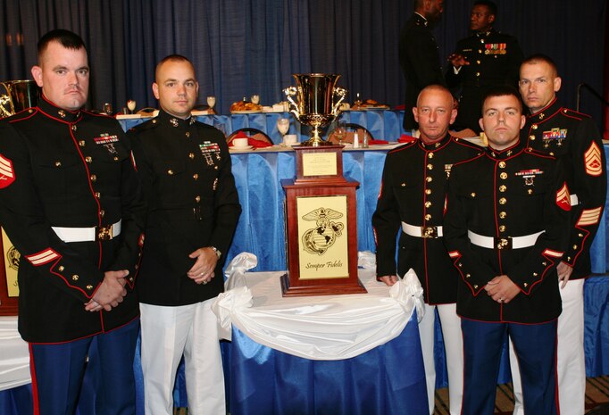 Marines with Food Service Company, Combat Logistics Regiment 27, 2nd Marine Logistics Group, pose for a photo during the Maj. Gen. William P.T. Hill Memorial Awards in Chicago May 22, 2010.  Marines with Food Service Co. accepted the award for best field mess in the Marine Corps on behalf of their company. (U.S. Marine Corps photo by Lance Cpl. Franklin E. Mercado)