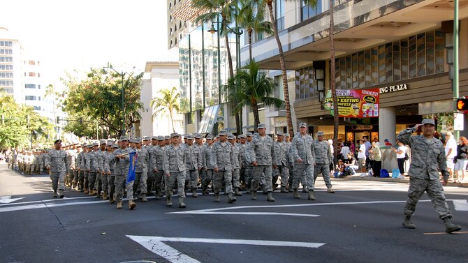 Members of the Hawaii Air National Guard perform "eyes right" as they go by the pass and review stand during the Salute to Troops parade held in Waikiki, Hawaii, May 22. The HIANG members were marching as part of the Military Appreciation Month celebration. Military Appreciation Month is designed to honor military members, past and present, and their families for their dedication, service and sacrifice to the nation.  (U.S. Air Force photo/Tech. Sgt. Betty J. Squatrito-Martin)