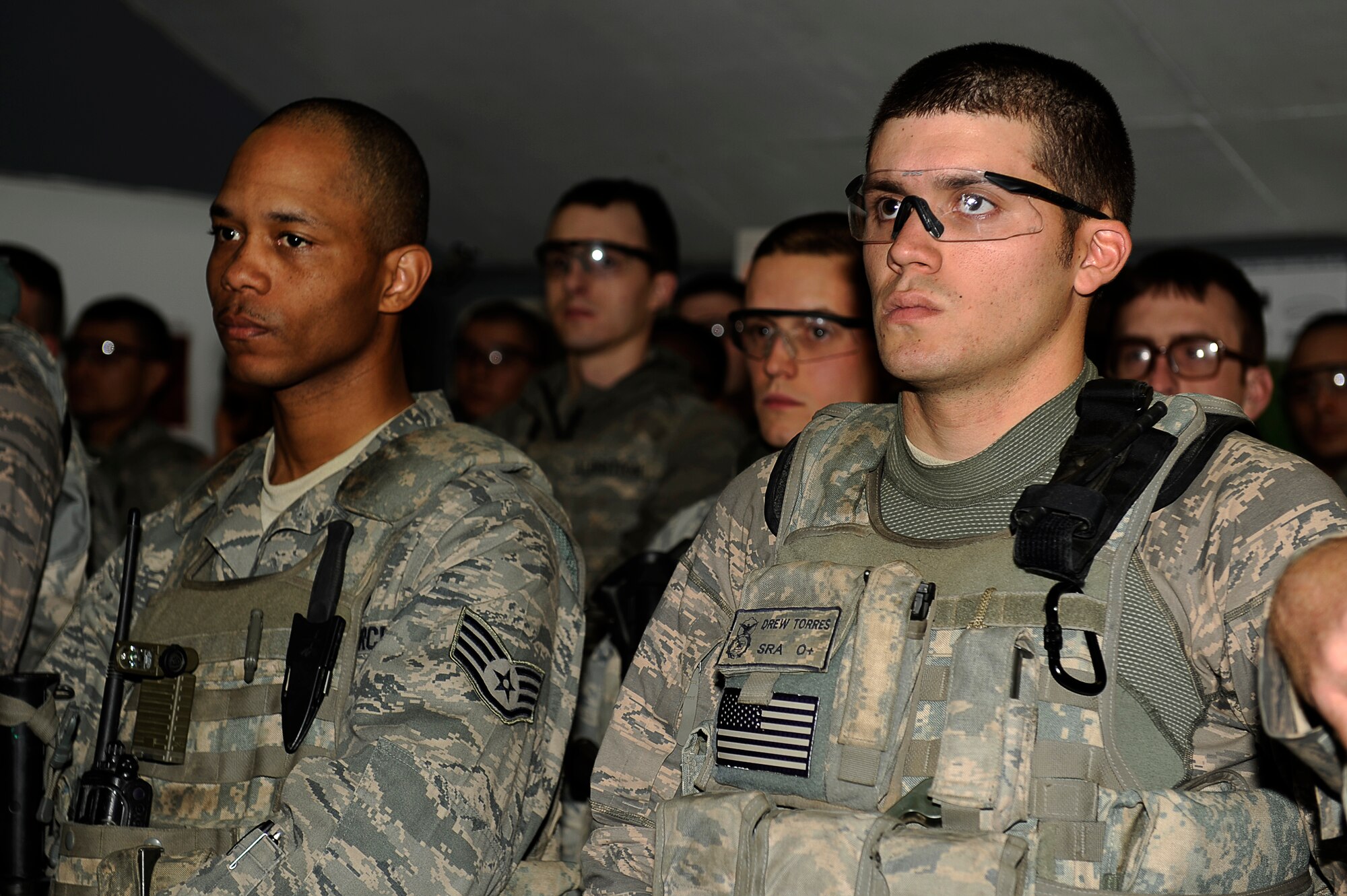 U.S. Air Force Airmen from the 455th Expeditionary Security Forces Squadron line up for guard mount at Bagram Airfield, Afghanistan, May 21, 2010. (U.S. Air Force photo by/ Master Sgt. Jeromy K. Cross/released)








