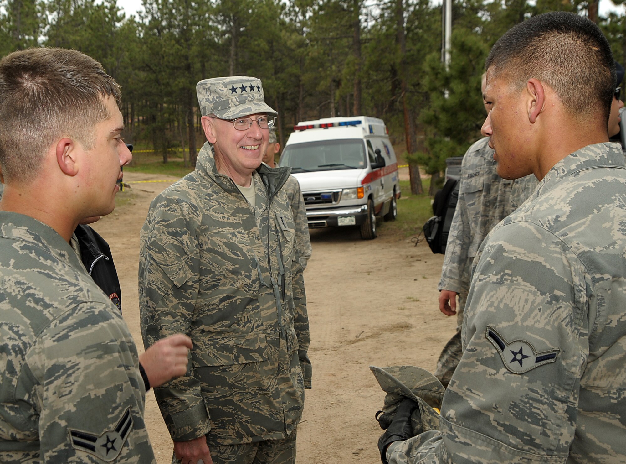 Gen. C. Robert Kehler, commander of Air Force Space Command, meets with security forces Airmen May 19, 2010, after they competed in a Guardian Challenge 2010 event.  Every two years, Air Force Space Command officials host Guardian Challenge, a space and cyberspace competition. Teams from nine wings and one center, including newly added Air National Guard units, were part of GC 2010 competition events. Unlike GCs of the past, 2010's competition included cyberspace forces for the first time. (U.S. Air Force photo/Duncan Wood)