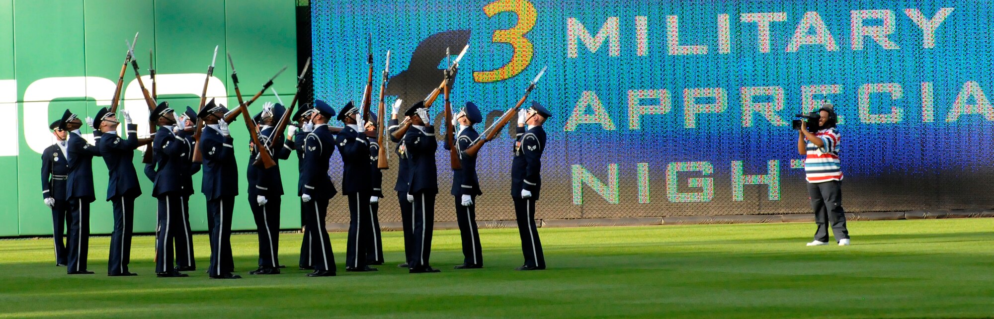 Members of the United States Air Force Honor Guard Drill Team perform at Nationals Stadium during Military Appreciation Night May 20.  Team Bolling members attended the game to represent their service, and support the Drill Team and Col. Cedric George, 11th Wing commander, during his throwing of the ceremonial first pitch. (U.S. Air Force photo by Airman 1st Class Katherine Windish)