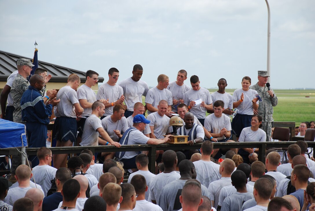 The 365th Training Squadron teams A and B display their championship trophy for winning the Joint Warrior Challenge at the one mile track May 22, 2010.  The 365th TRS teams A and B were tied for most points earned and were declared co-champions.  (U.S. Air Force photo/Tech. Sgt. Vernon Cunningham)