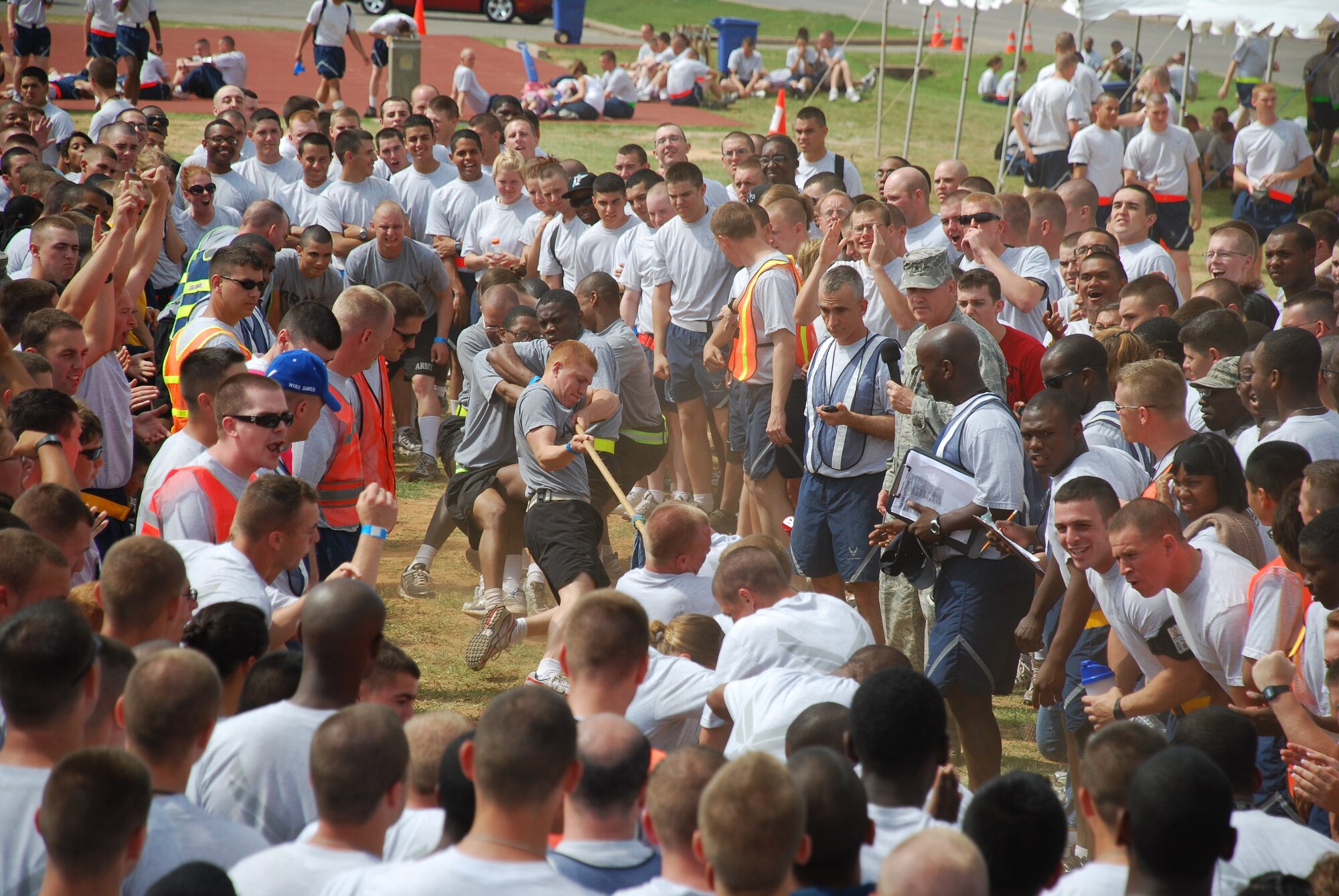 Two teams battle for points in the Tug of War competition featured as the final event at the Joint Warrior Challenge at the one-mile track May 22, 2010.  Joint Warrior Challenge was a physical competition consisting of an armor-plated relay race, a litter-carry race, a tire flipping race and a tug of war.  (U.S. Air Force photo/Tech. Sgt. Vernon Cunningham)