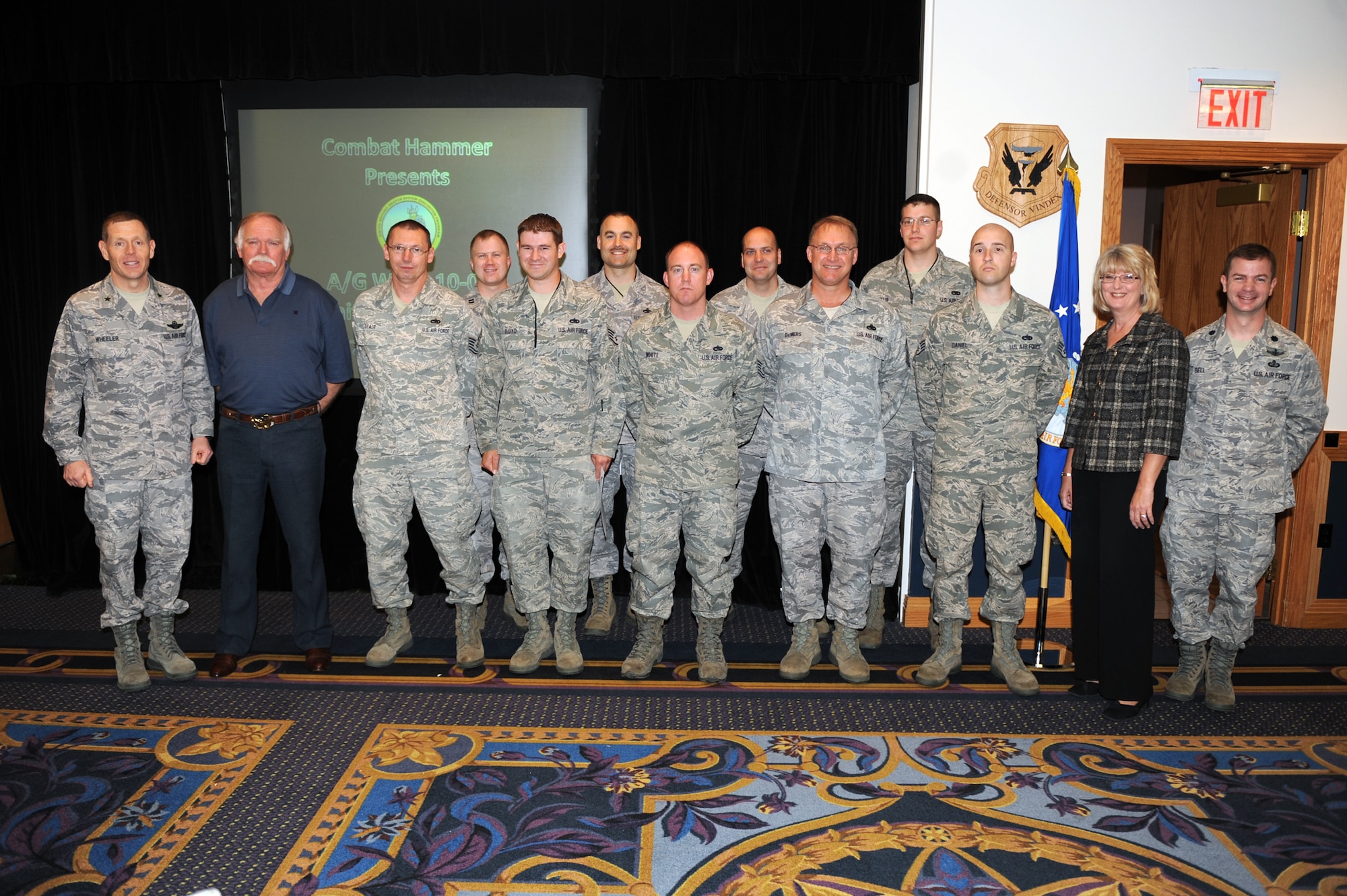 WHITEMAN AIR FORCE BASE, Mo.- Members of the B-2 tailpipe working group, are honored with the Whiteman Spirit Award, May 19, for their dedication and ingenuity, while working on a tailpipe sustainment plan. The B-2 tailpipe working group displayed tenacity, dedication and innovative thinking to solving what appeared to be a significant problem with spare tailpipe availability for the B-2. (U.S. Air Force photo/ Airman 1st Class Carlin Leslie)   
 
