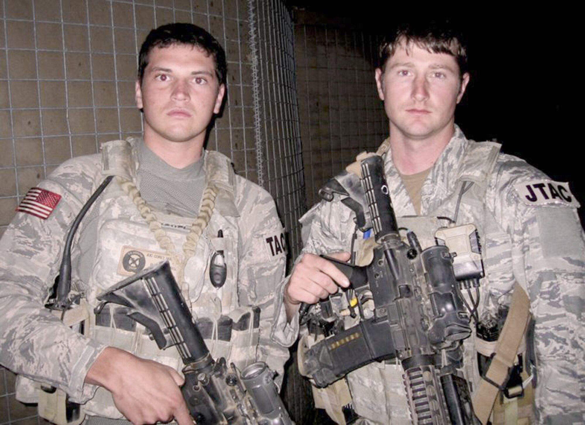 Airman 1st Class Corey Hughes (left) and Senior Airman Daniel Garner stop for a picture May 10, 2010, at Forward Operating Base Orgun-E, Afghanistan, after returning from a recent mission. Airman Hughes is a tactical air control party Airman. Airman Garner is a joint terminal attack control Airman. Both Airmen are assigned to the 817th Expeditionary Air Support Operations Squadron, and are deployed from the 19th ASOS at Ft. Campbell, Ky. (Courtesy Photo)