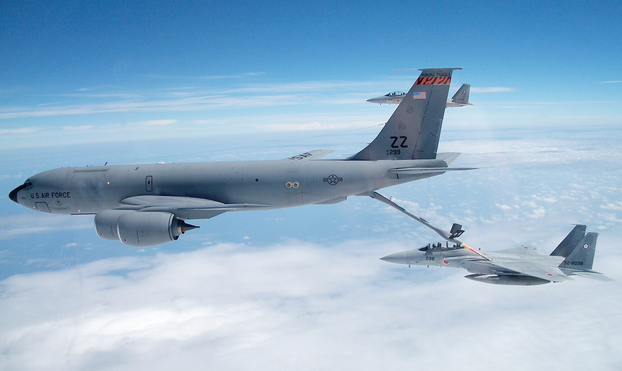 Crewmembers on a 909th Air Refueling Squadron KC-135 Stratotanker refuel a Japan Air Self Defense Force F-15 Eagle during bilateral air refueling training May 17, 2010, at Kadena Air Base, Japan. (Courtesy photo) 