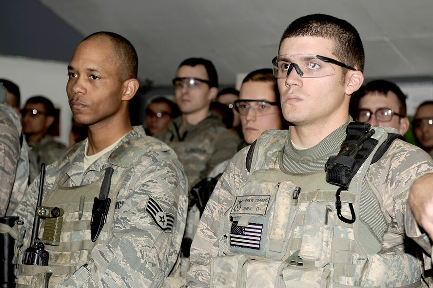 Airmen from the 455th Expeditionary Security Forces Squadron line up for guard mount May 21, 2010, at Bagram Airfield, Afghanistan. (U.S. Air Force photo/Master Sgt. Jeromy K. Cross)






