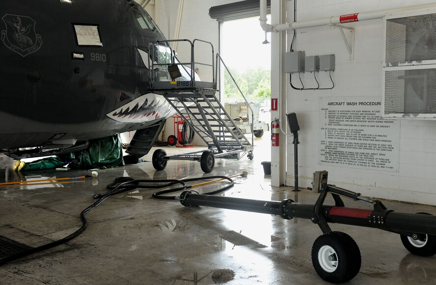 MOODY AIR FORCE BASE, Ga. -- A sign placed on the wall inside of a hangar explains the steps and procedures of how an aircraft should be washed here May 17. The sign gives guidelines of how the aircraft should be placed in the hangar, use of proper cleaning compound and what steps to follow while cleaning the aircraft. (U.S. Air Force photo by Airman 1st Class Joshua Green/RELEASED)