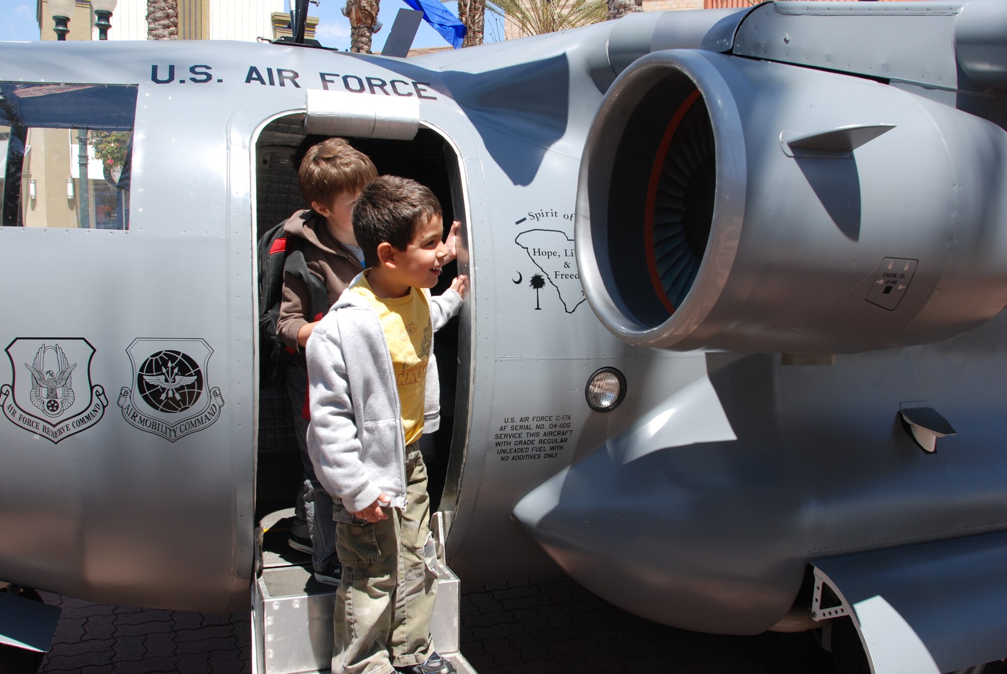 Where ever the Mini C-17 goes it is a big hit with the kids.  The Mini C-17 is a community outreach tool from the 315th Airlift Wing, Charleston Air Force Base S.C. (U.S. Air Force Photo)