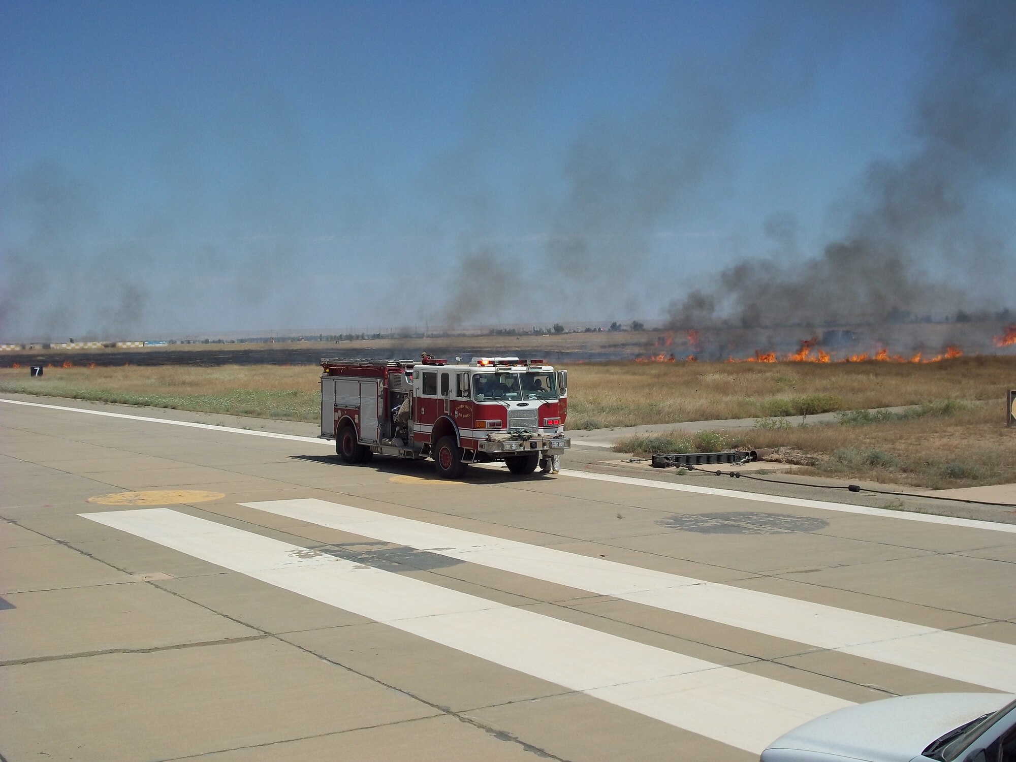 The 506th Expeditionary Civil Engineer Squadron firefighters and Iraqi Air Force firefighters reported to a fire at Kirkuk Regional Air Base, Iraq on May 20, 2010. 
A team of five Aircraft Rescue Firefighting vehicles, including two Iraqi ARFF vehicles, one fire engine, one mini-pumper and 31 firefighters, including six Iraqi firefighters responded. (U.S. Air Force courtesy photo)
