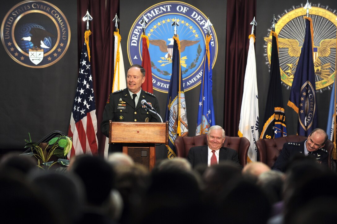 Army Gen. Keith Alexander, commander of Cyber Command, addresses the audience during the activation ceremony of Cybercom on Fort Meade, Md., May 21, 2010.