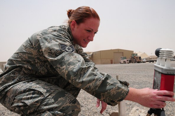 U.S. Air Force Staff Sgt. Kimberly Cribbs, 386th Expeditionary Operations Support Squadron weather technician, conducts a manual weather observation May 25, 2010 at an air base in Southwest Asia. Sergeant Cribbs is a West Milford N.J. native deployed from McGuire Air Force Base, N.J. (U.S. Air Force photo by Staff Sgt. Lakisha A. Croley/Released)